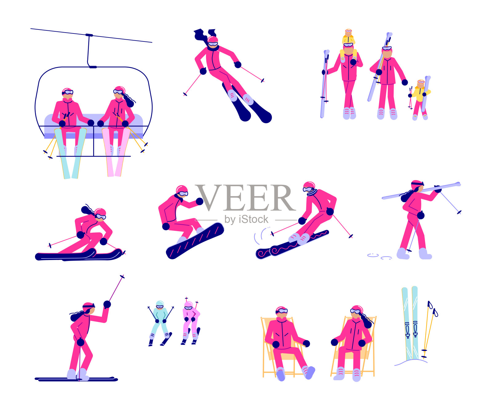 一组滑雪者和滑雪板插画图片素材