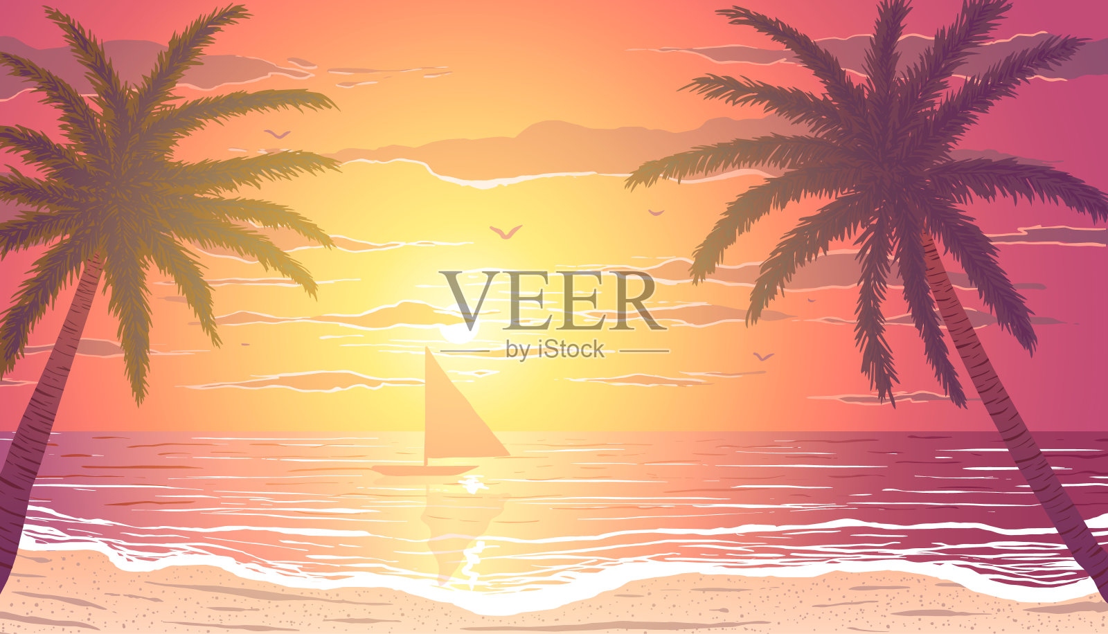 日落时海滩上的棕榈树。帆船在地平线上。矢量插图。插画图片素材