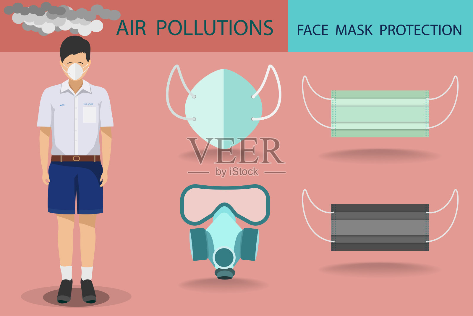 矢小男孩穿泰国高中校服和戴口罩防护设计，带口罩收集空气污染的概念插画图片素材