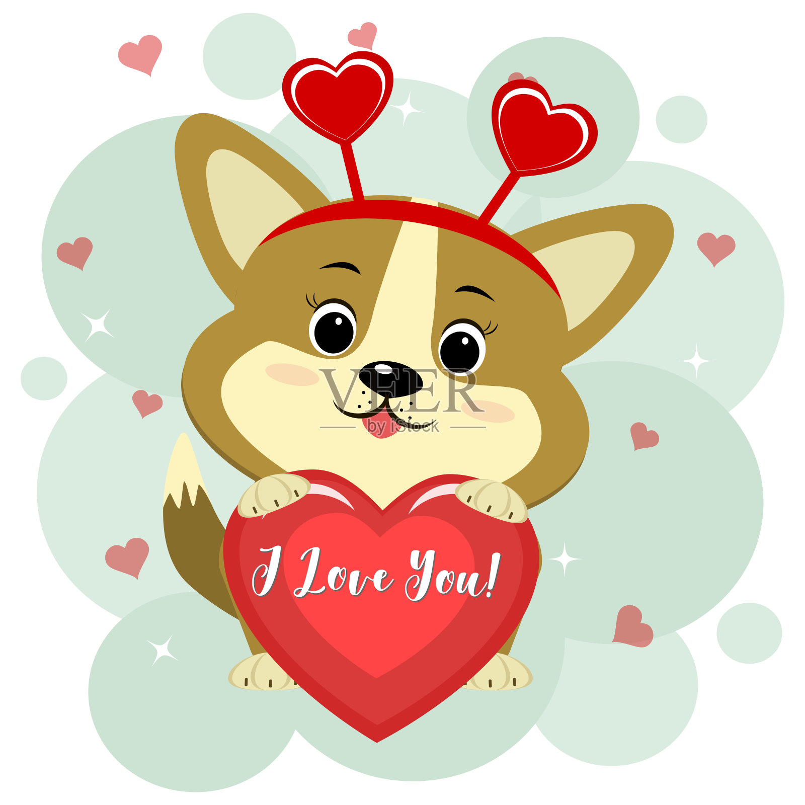 祝贺你，情人节快乐!可爱的柯基小狗坐在红色的边缘，爪子上握着一颗红色的心。平面设计，卡通风格，矢量插画图片素材
