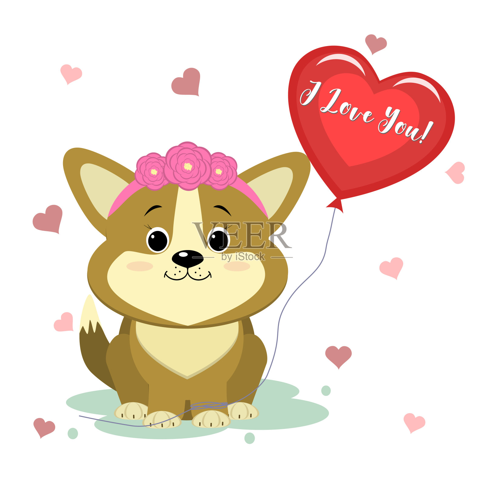 祝贺你，情人节快乐!一只可爱的柯基小狗，戴着粉红色的花圈坐在那里。绑在爪子上的心形气球。平面设计，卡通风格，矢量设计元素图片