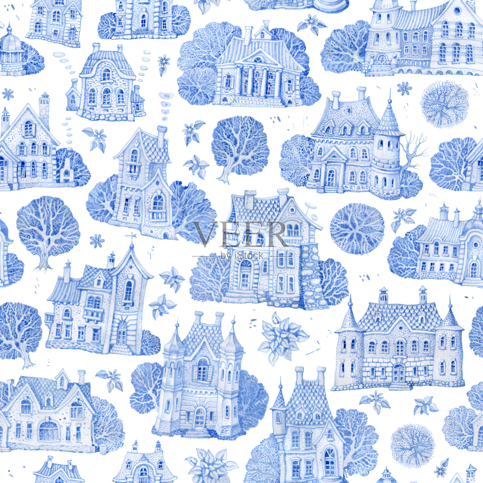 从幻想建筑和树木无缝模式。手绘的蓝色水彩童话老城房子孤立在白色的背景。墙纸,包装纸插画图片素材