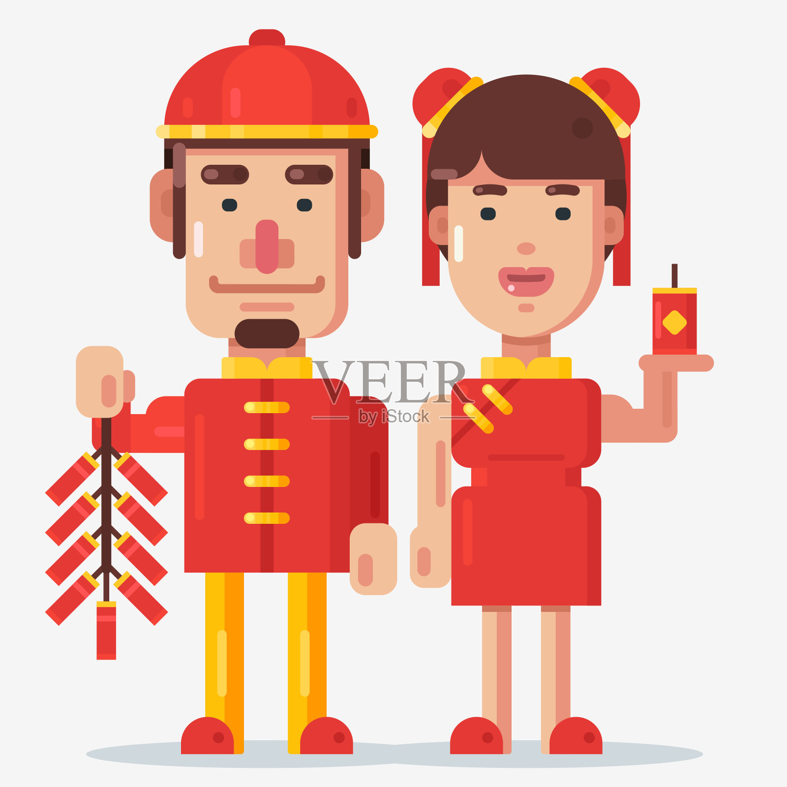 年轻夫妇手持鞭炮庆祝春节插画图片素材