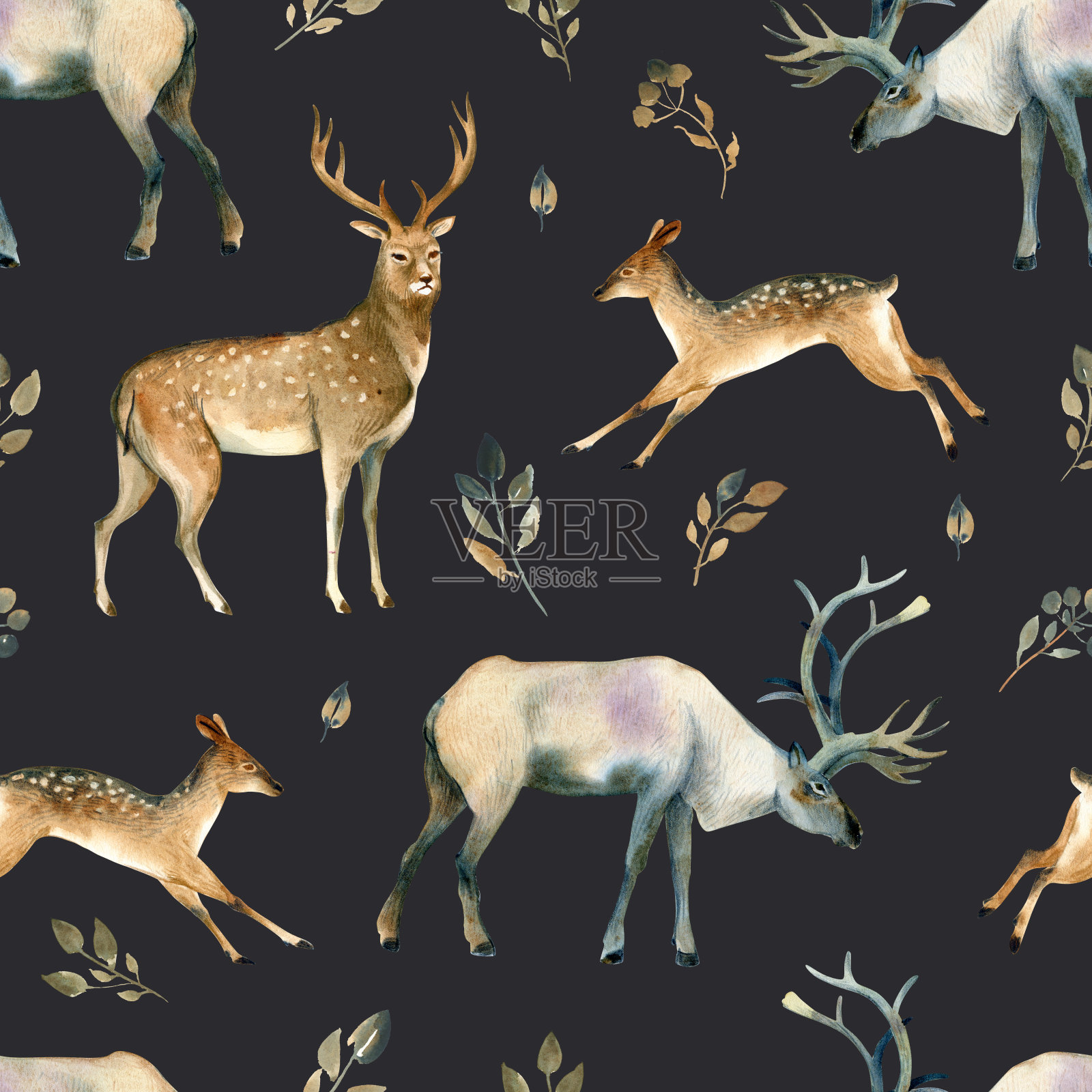 水彩画的野鹿，牡鹿，驼鹿和树叶在白色的背景。逼真的森林动物素描。许多森林动物的谢默斯模式插画图片素材
