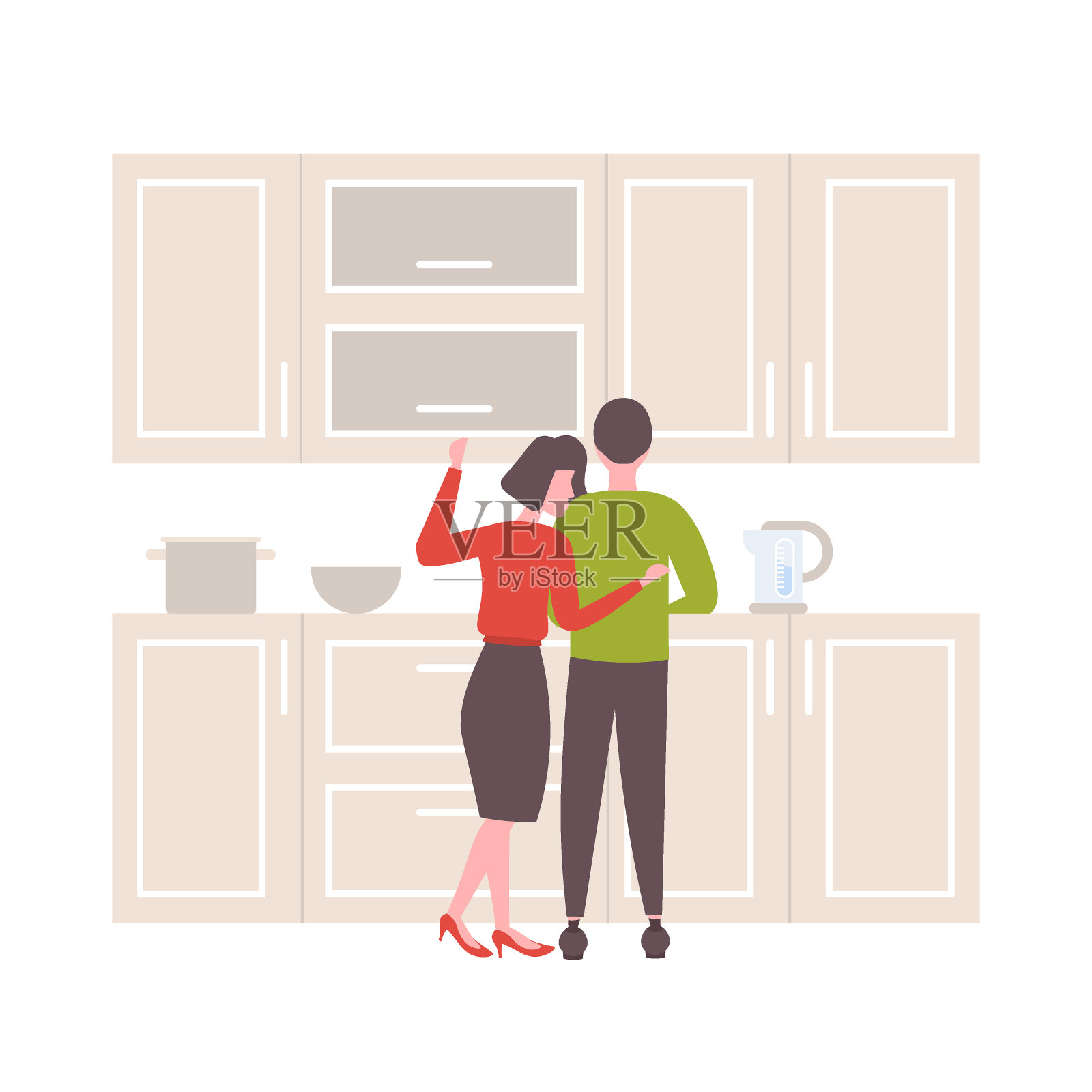 后视图夫妻拥抱男人女人恋人站在一起现代厨房内部男性女性卡通人物平插画图片素材