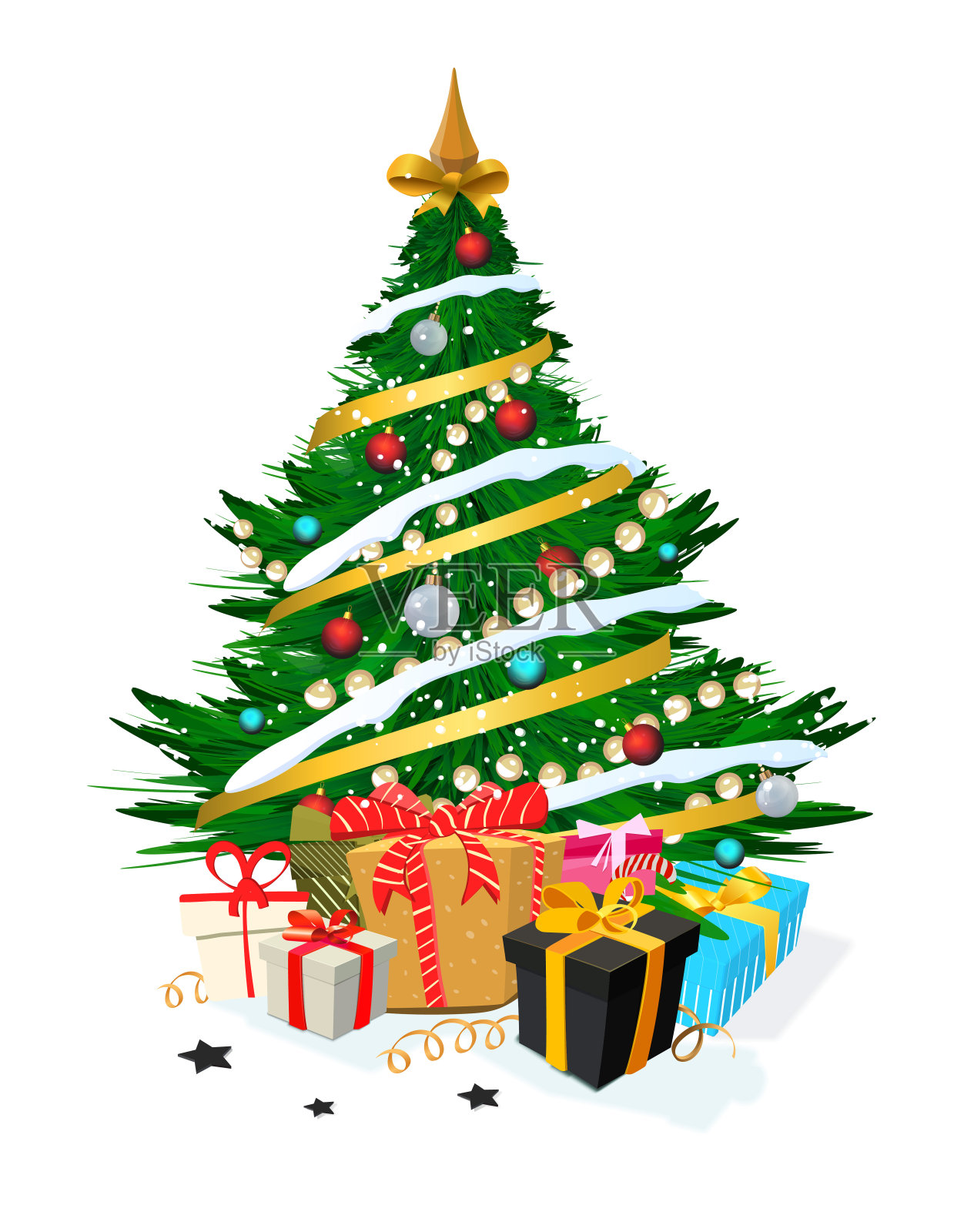 圣诞树上孤零零地挂着许多五颜六色的礼物插画图片素材