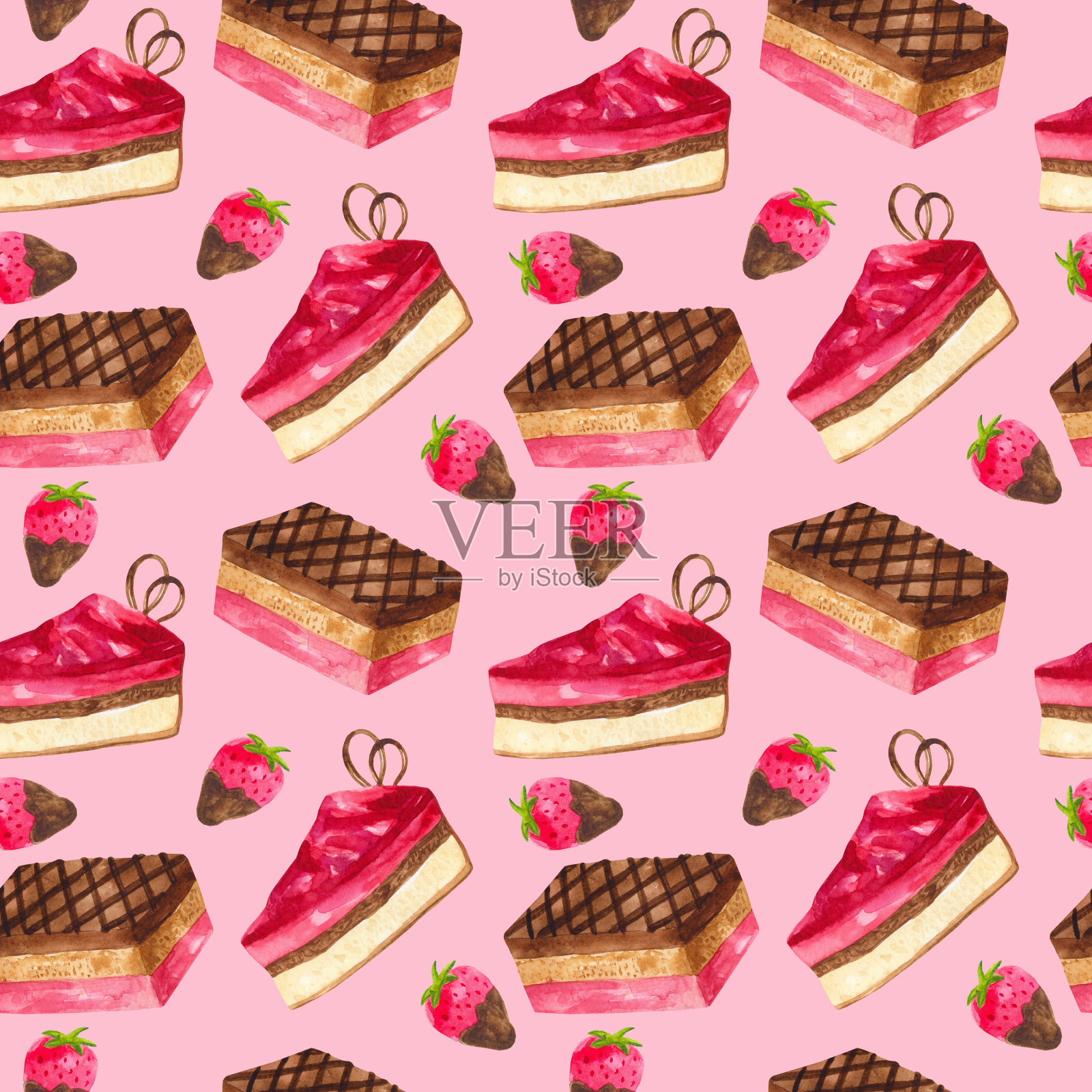 无缝图案的水彩甜点和糕点:蛋糕、糕点、巧克力、草莓。插画图片素材