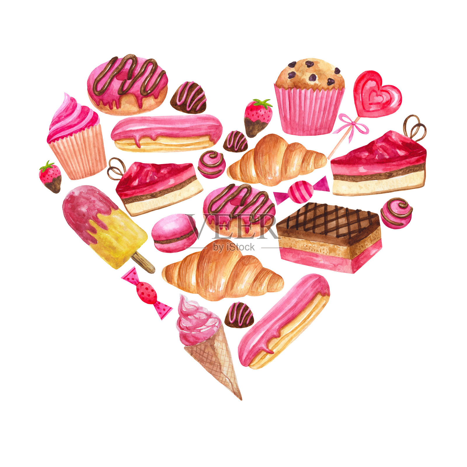 模板从水彩甜点和糕点的形状的心:蛋糕，糕点，糖果，巧克力，泡芙，松饼，甜甜圈。插画图片素材