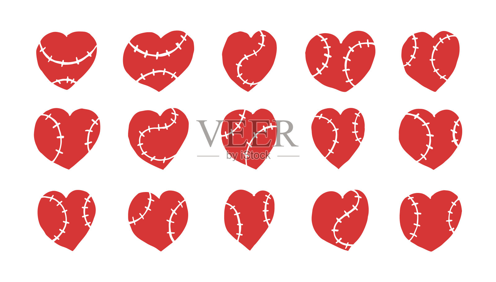 收集矢量心脏棒球隔离。手绘，素描元素为情人节设计，印在t恤，明信片，封面。插画图片素材