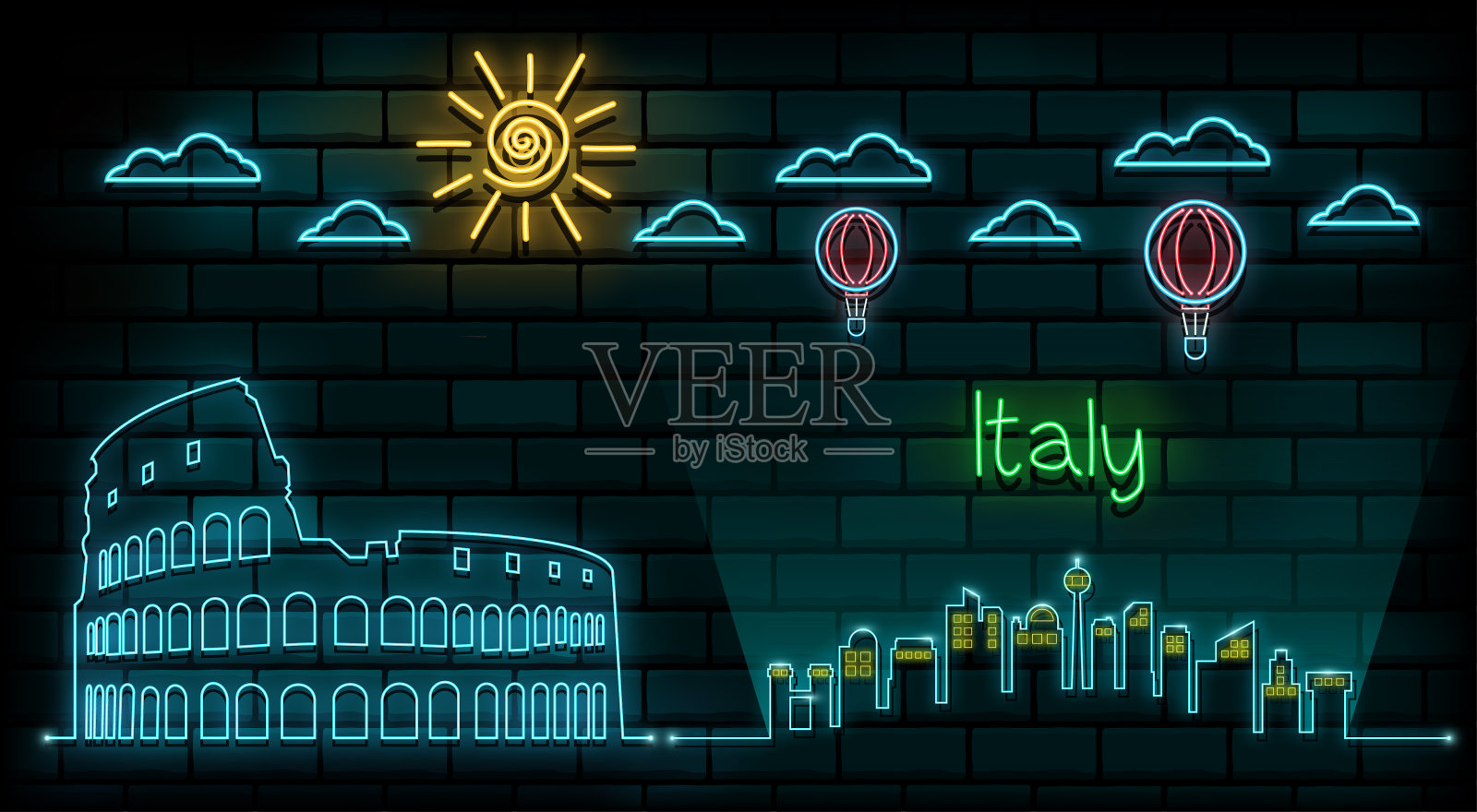 意大利罗马旅游与旅行霓虹灯光背景。矢量设计模板。用于您的广告，书籍，横幅，模板，旅游业务或演示。插画图片素材