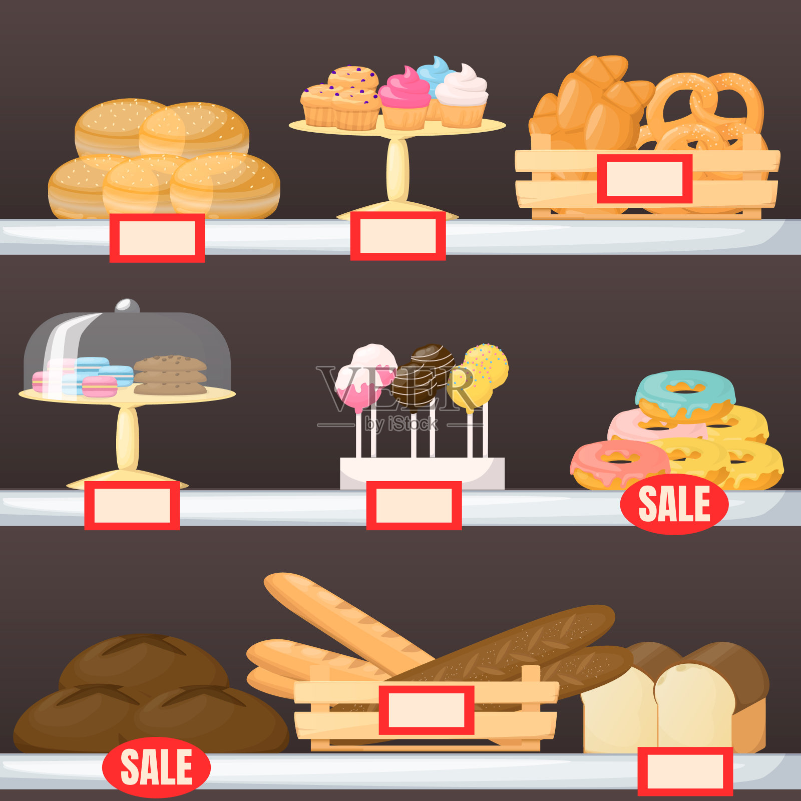 超市货架上的一套面粉产品。Backery。面包，法棍，蛋糕，松饼，蛋糕和小圆面包。卡通向量插画图片素材