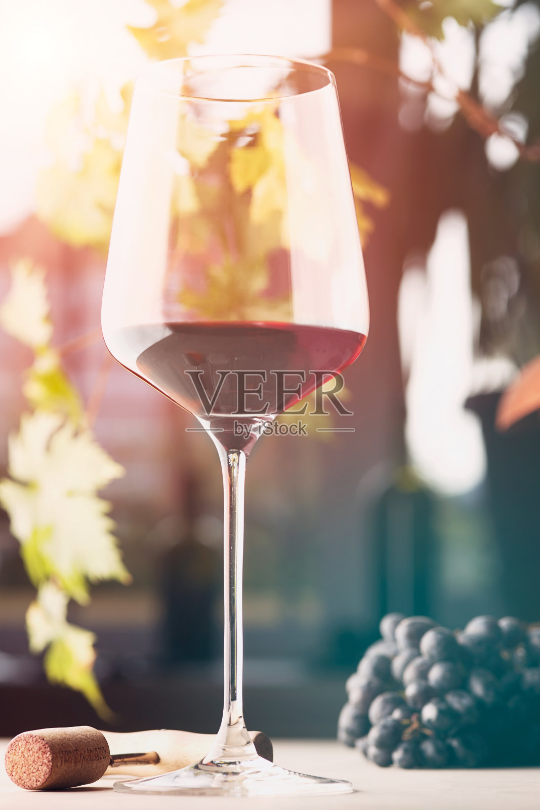 一杯红酒，葡萄，赭色和软木塞在葡萄枝叶的背景照片摄影图片