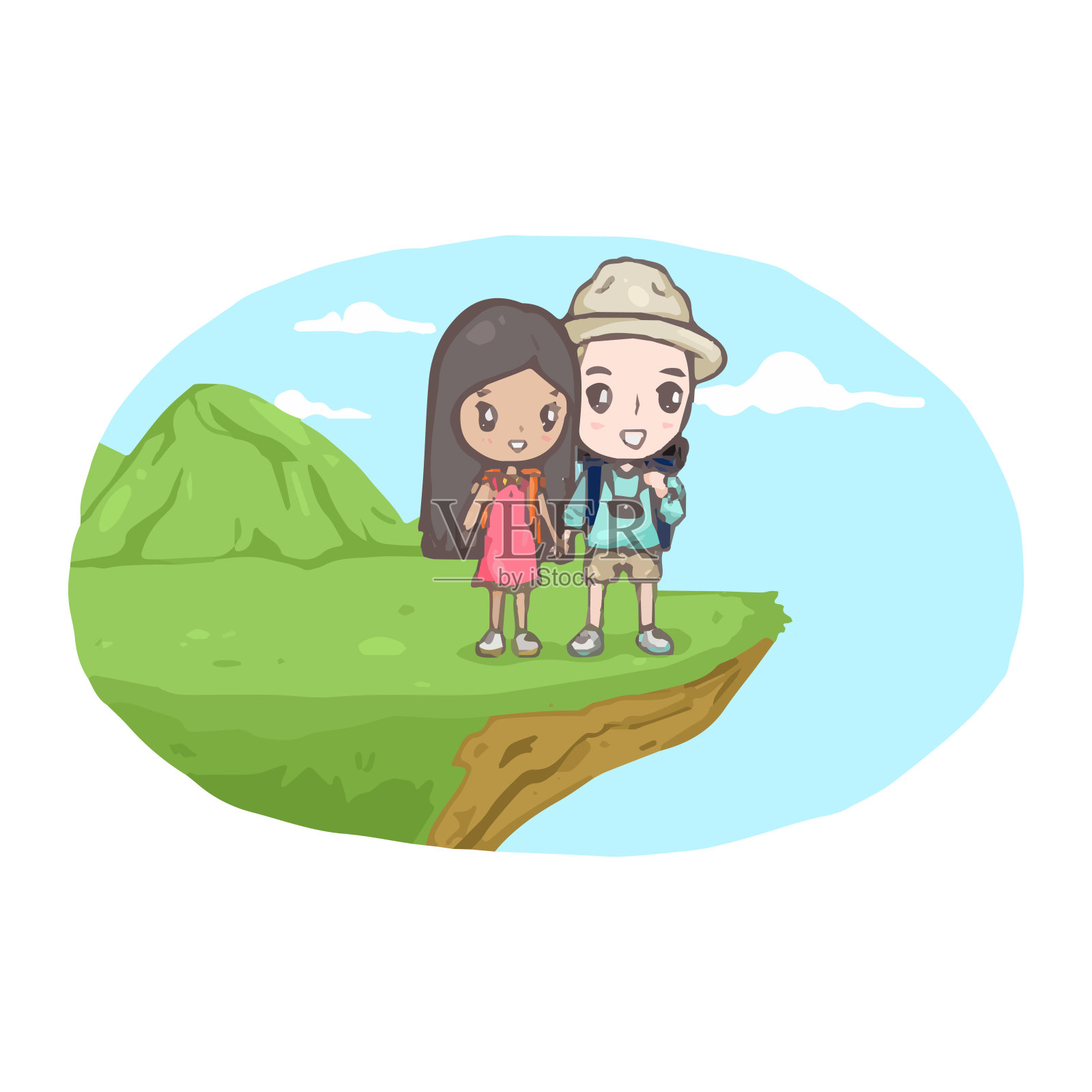 可爱的情侣时刻，一个男孩和一个女孩手牵着手在山上和旁边的山插画图片素材