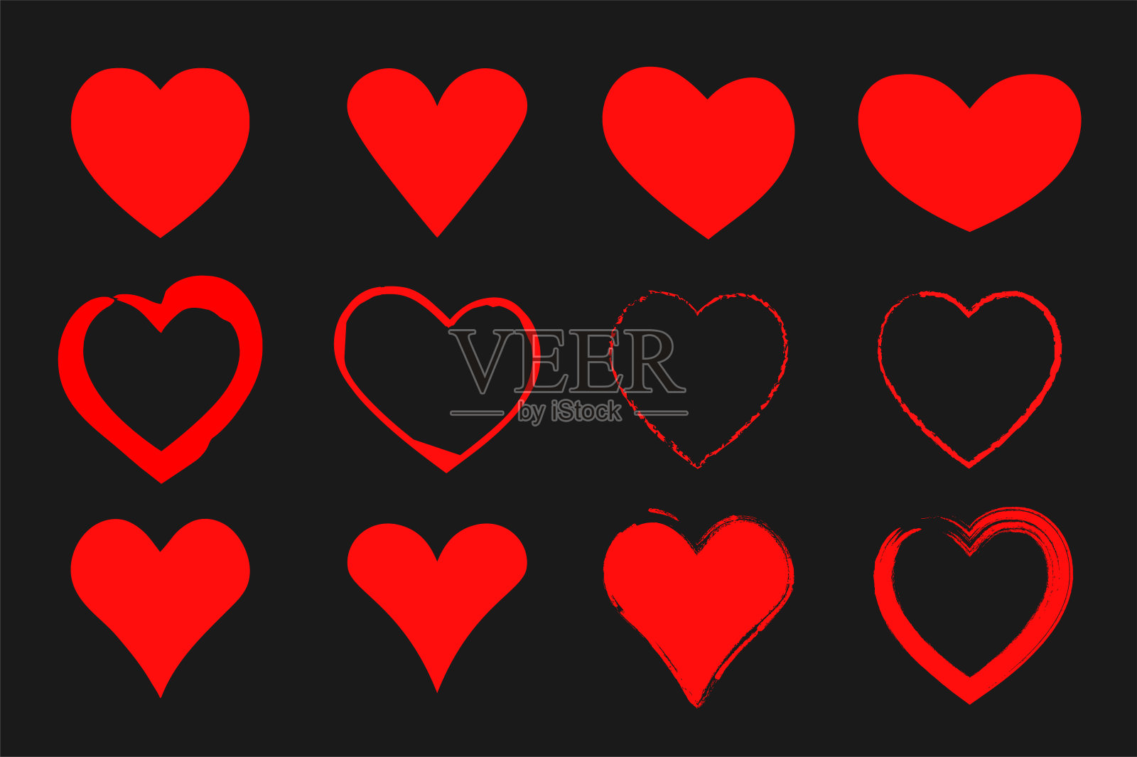 红手绘心集。情人节图标。标志孤立在黑色背景上。爱情概念贴纸。矢量图插画图片素材