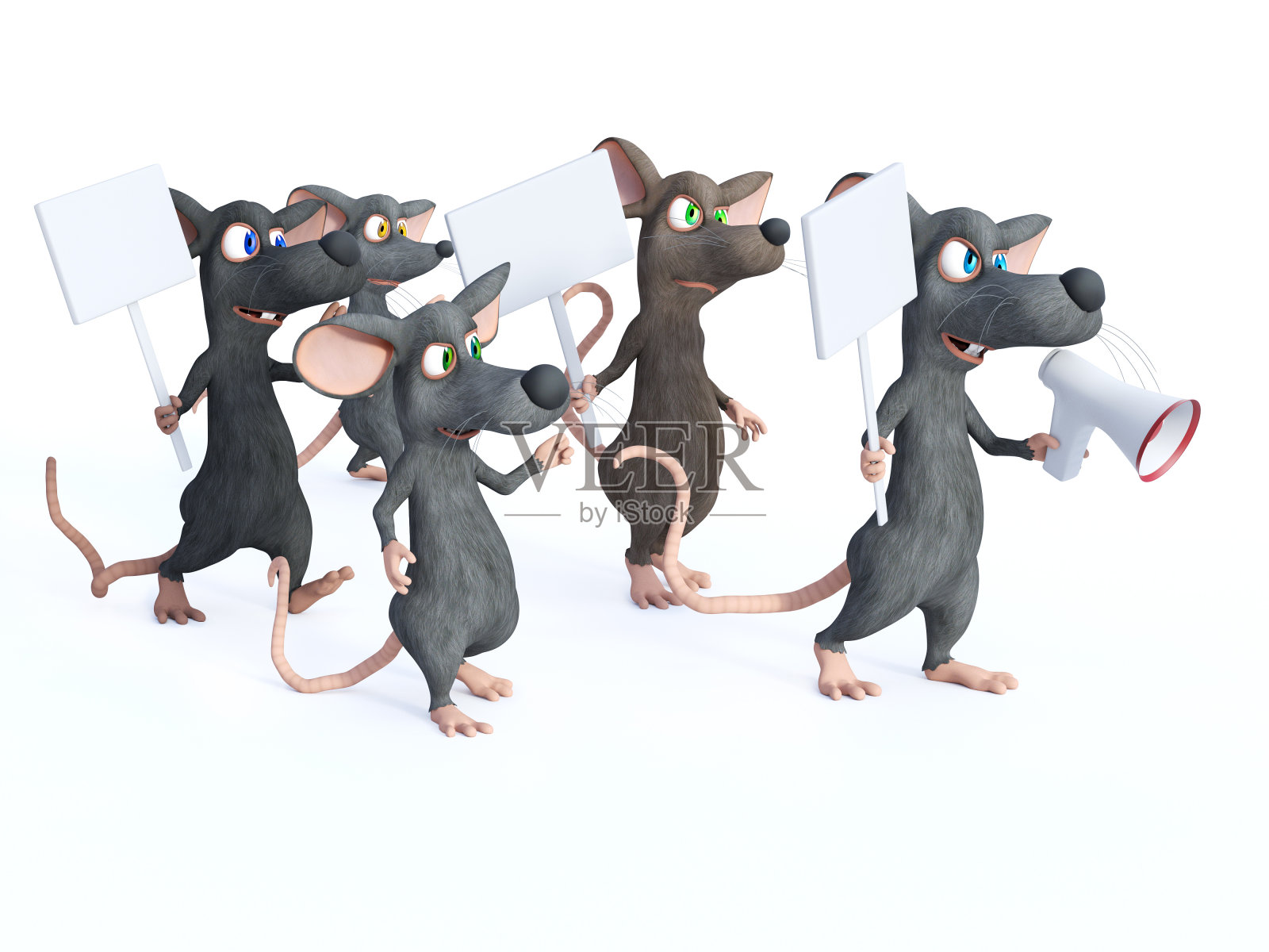 3D渲染的卡通老鼠罢工。照片摄影图片