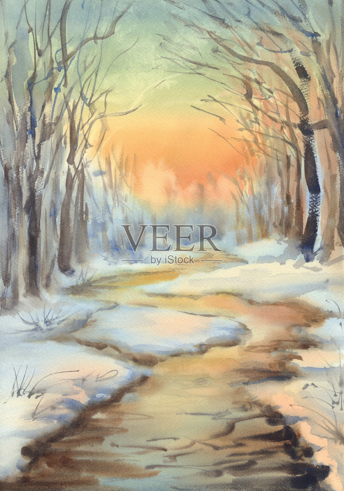 阳光明媚的冬季景观与河流水彩画插画图片素材