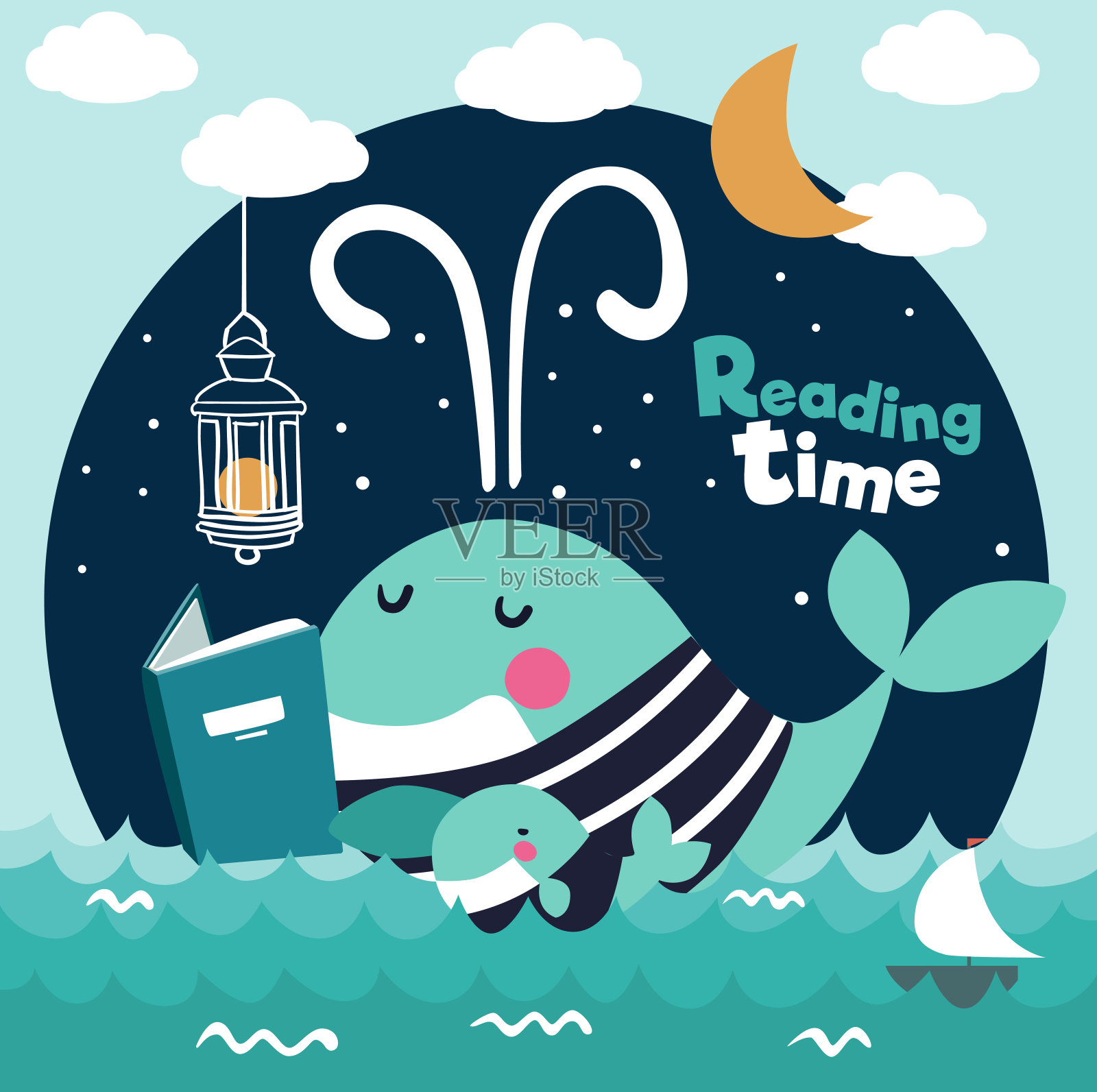 可爱有趣的鲸鱼与剥离衬衫读一本书。家庭鲸鱼。鲸鱼妈妈和幼崽插画图片素材