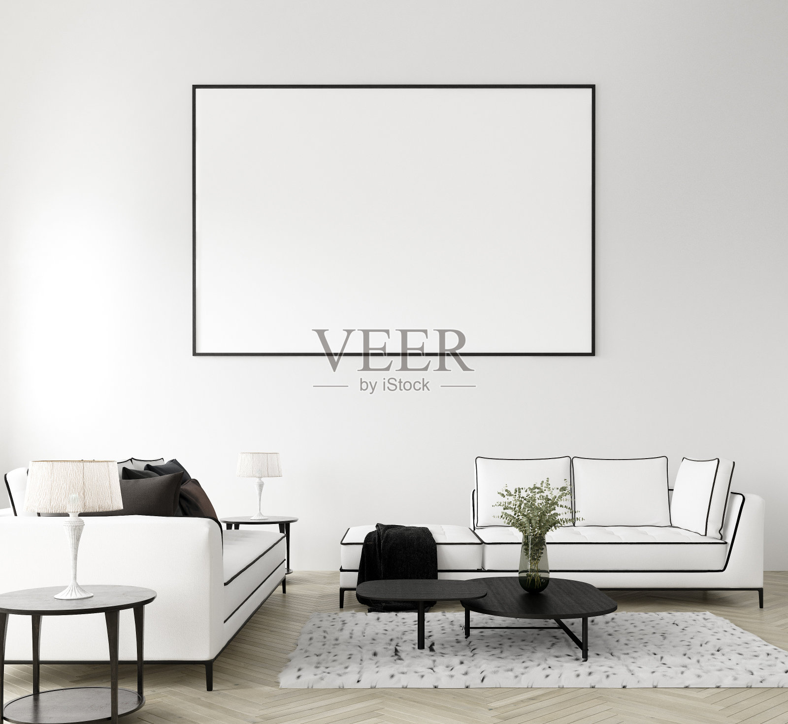 模拟海报框架在家庭室内背景，现代风格的客厅照片摄影图片