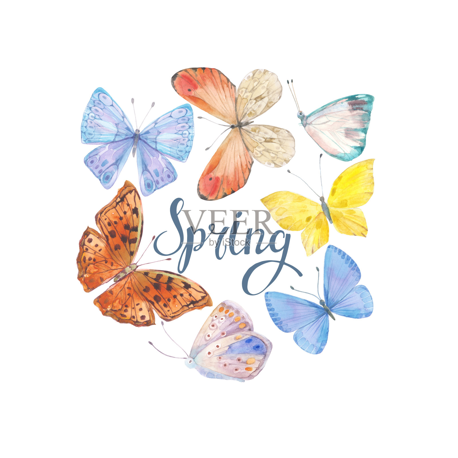 春天。背景与手绘水彩蝴蝶。素描插图与文字，邀请或贺卡。插画图片素材