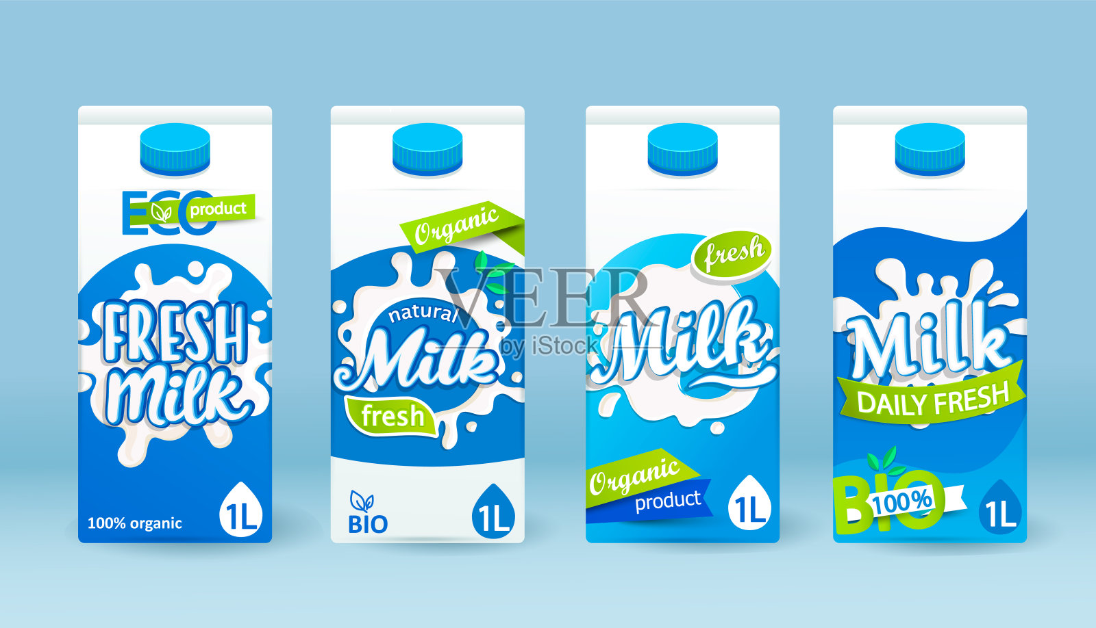 一套牛奶四环乐包装与不同的标签。插画图片素材