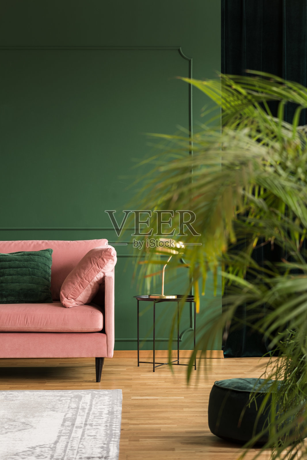 垂直视图优雅的绿色客厅与帕特尔粉红色沙发，咖啡桌和复制空间在空的墙壁照片摄影图片