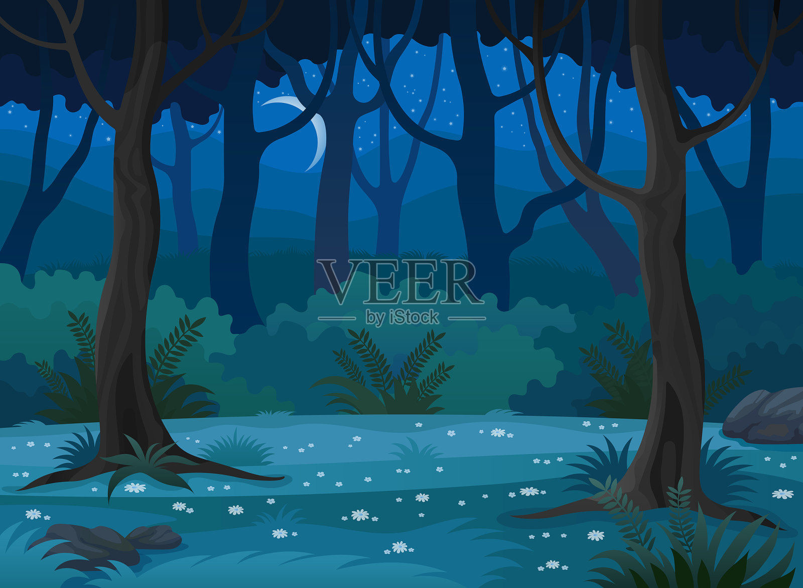 夜森林景观矢量背景。插画图片素材