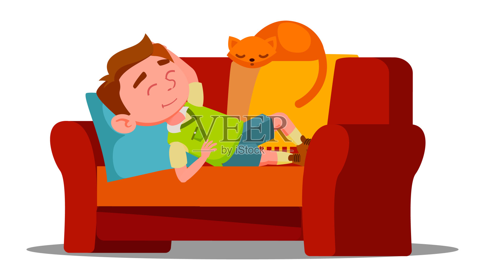疲惫的小男孩睡在沙发上，旁边是睡着的猫矢量。孤立的插图插画图片素材
