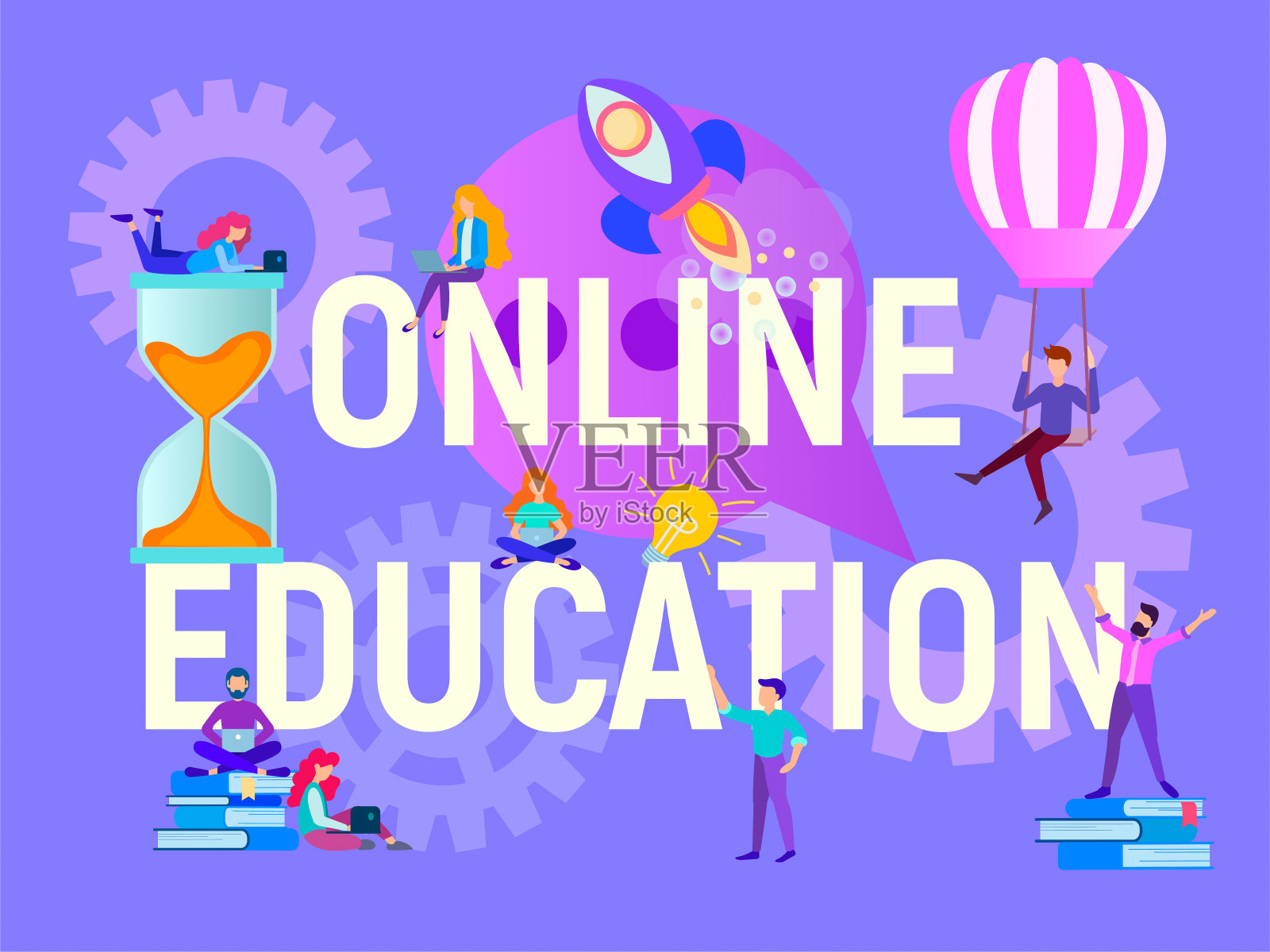 网上教育理念，年轻人远程学习，网上学习，网上研习班，网上研讨会和网上培训插画图片素材