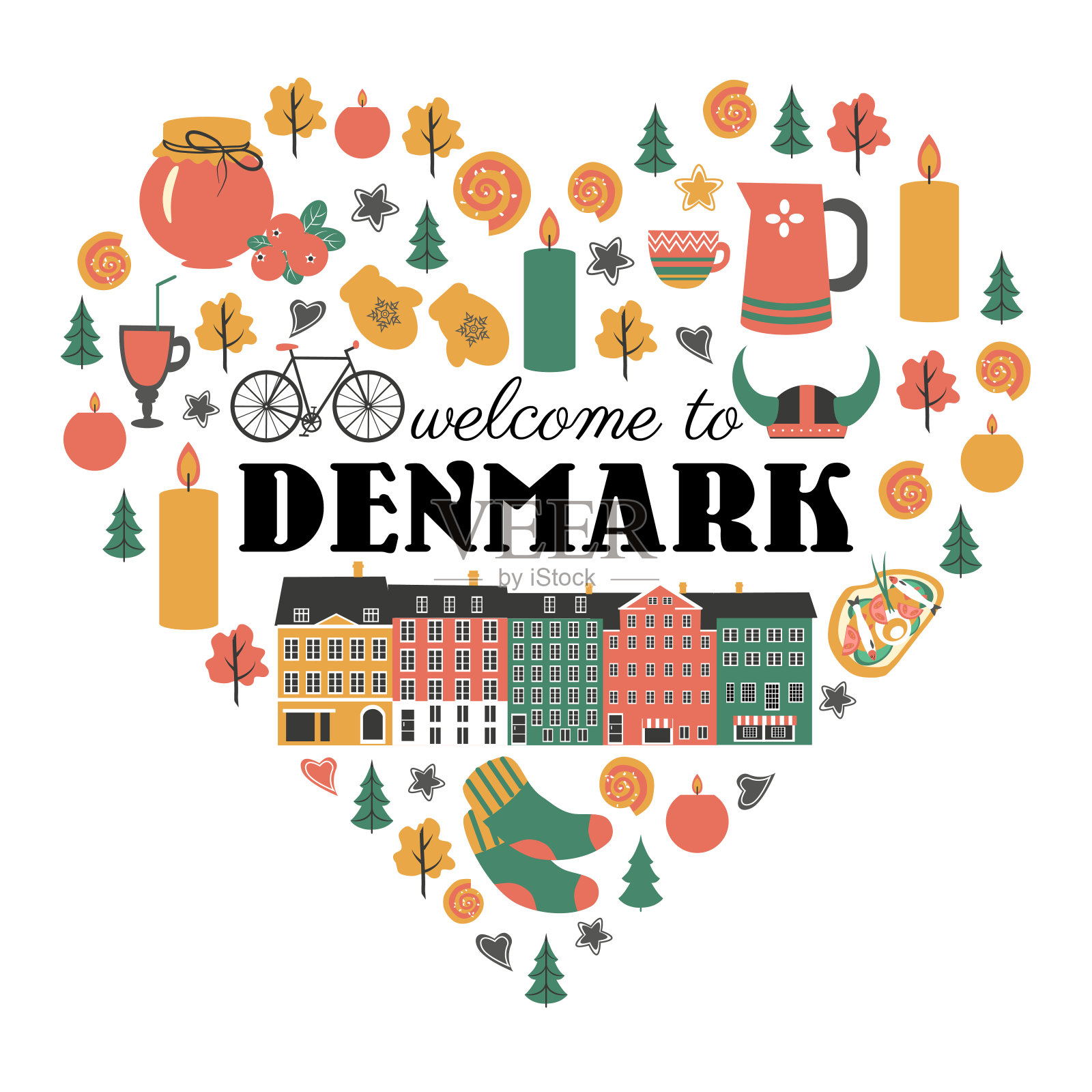 丹麦符号设置在心形与传统食物，旅游图标矢量插图孤立，北欧国家地标哥本哈根市政厅，蜡烛，食物，甜，餐具，服装设计插画图片素材