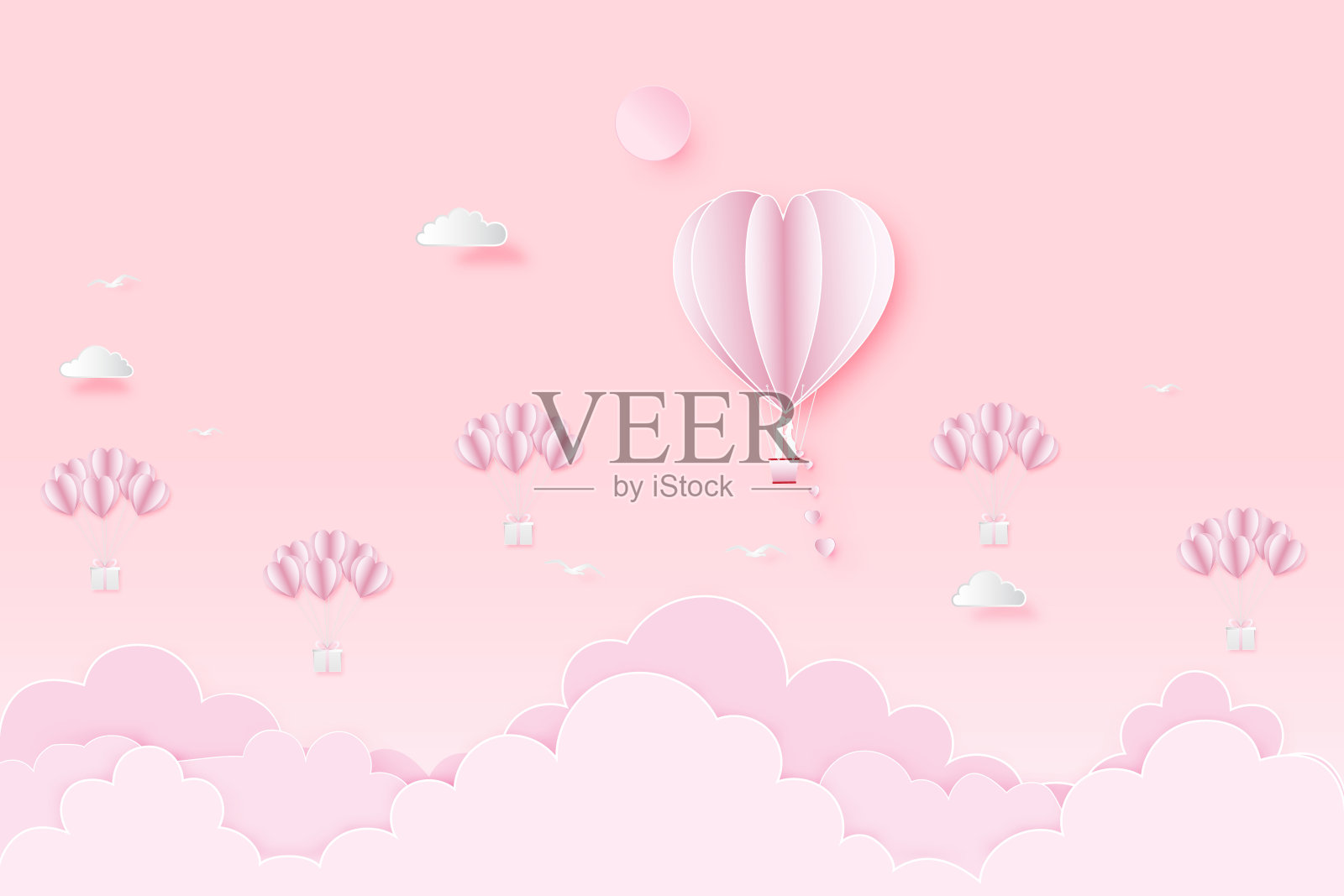 剪纸艺术，剪纸和数码工艺风格的情人在热气球上的粉红色天空和满月作为爱，情人节快乐和婚礼的概念。矢量插图。插画图片素材