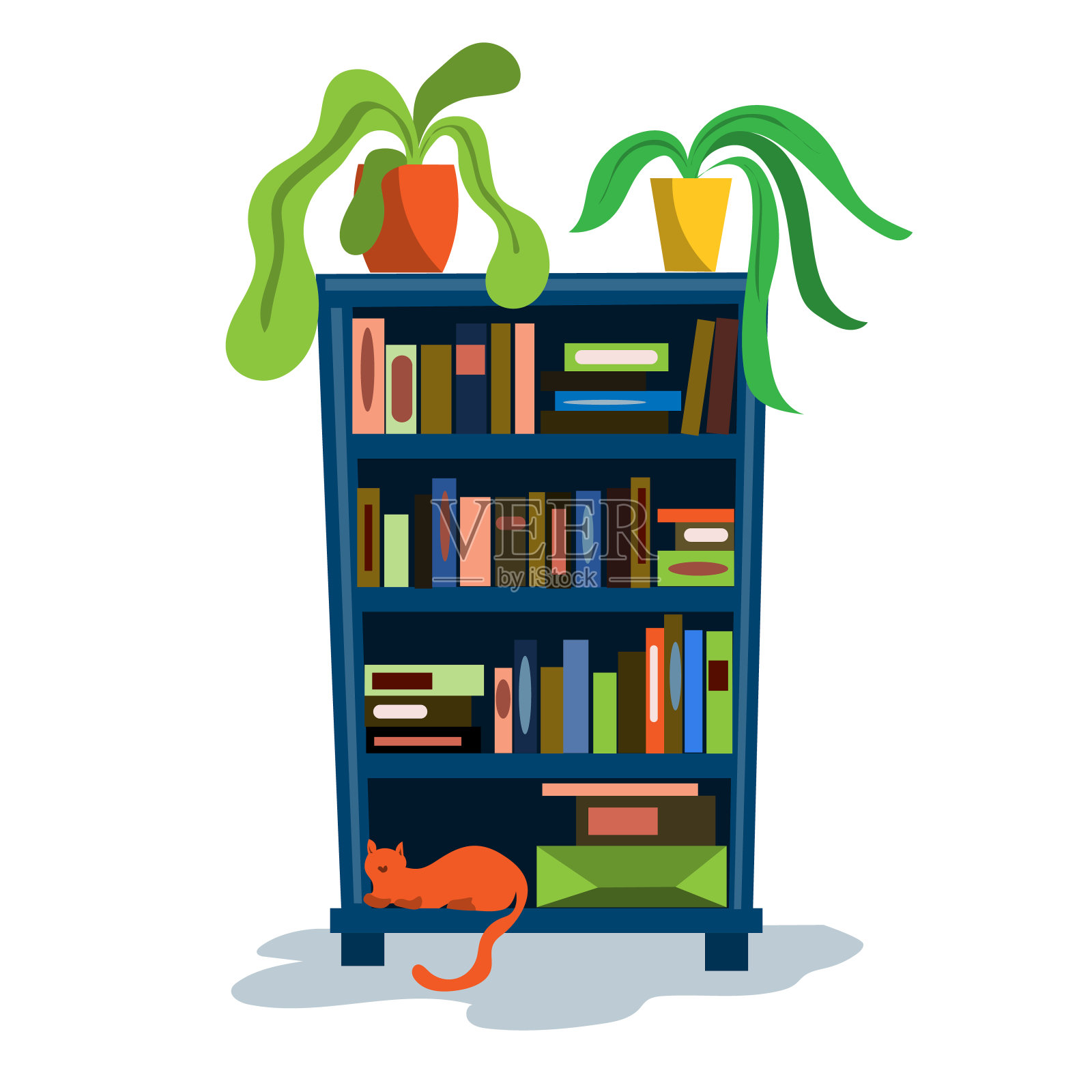 一个装满书的书柜和一把有靠背的软椅子。平面风格的插图。插画图片素材