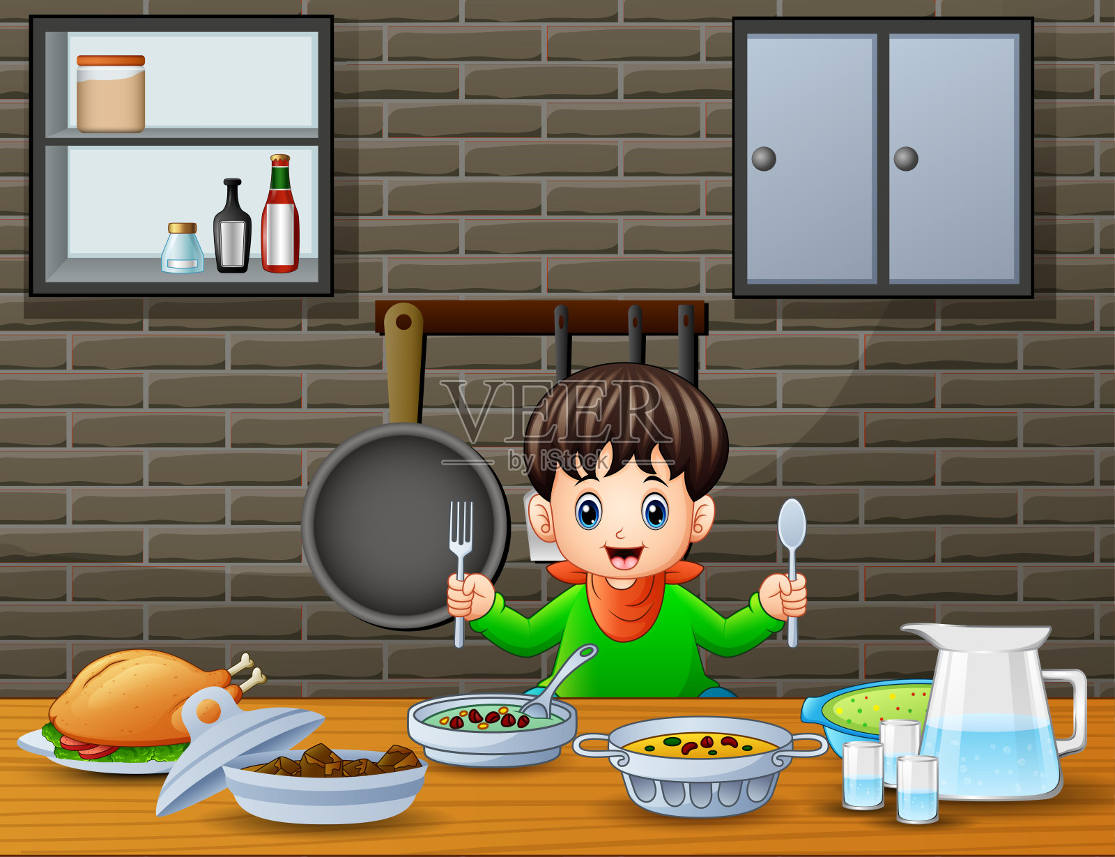 快乐的小男孩拿着勺子和叉子在桌子上吃东西插画图片素材