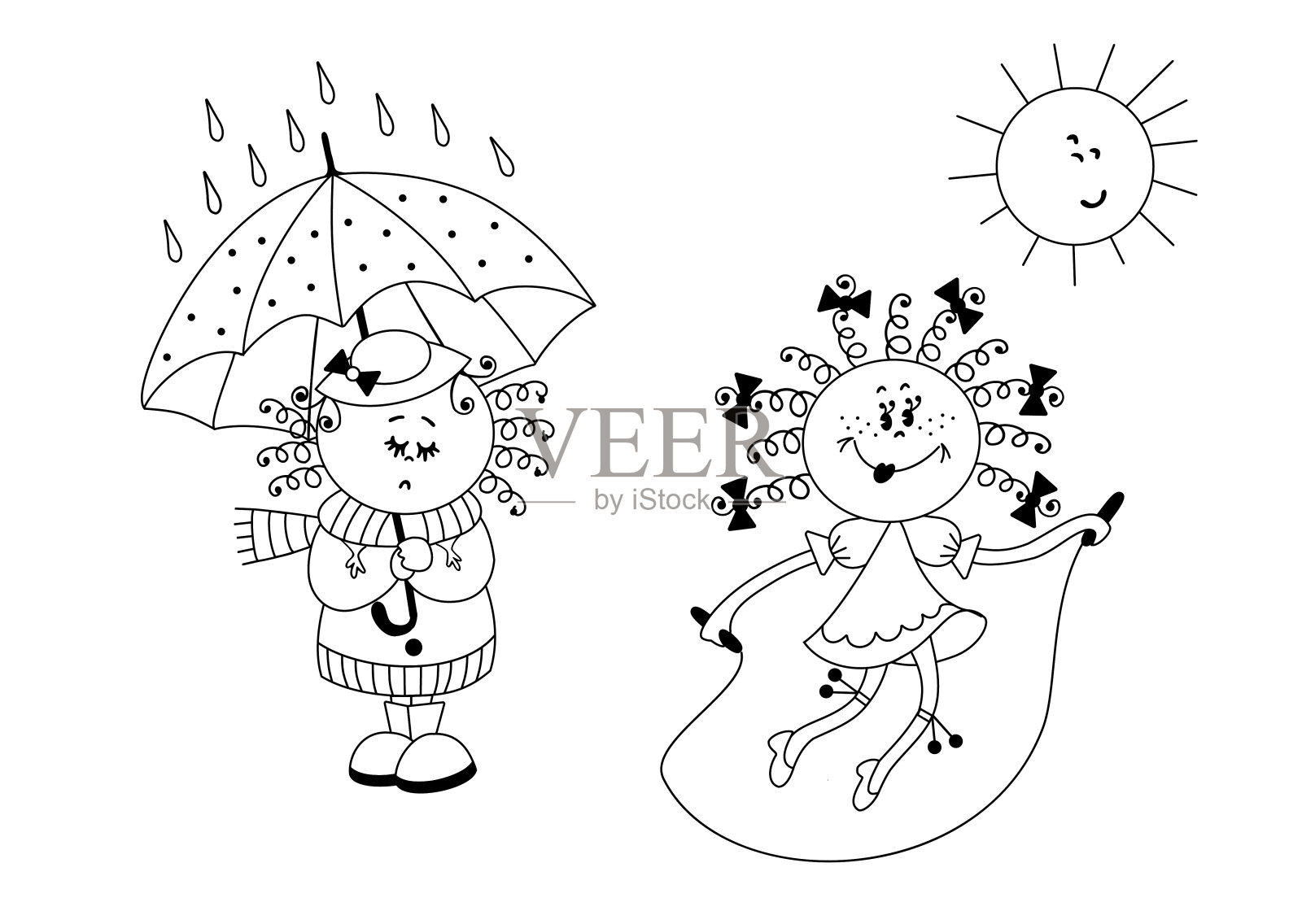 一个女孩在雨中的伞下悲伤，另一个女孩在太阳下用绳子跳绳。设计元素图片