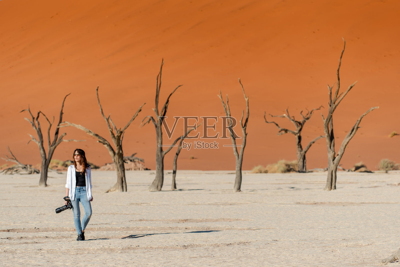 在非洲纳米比亚纳米布沙漠著名的自然地标，年轻的亚洲女摄影师和旅行者走在死树附近的粘土盘上照片摄影图片