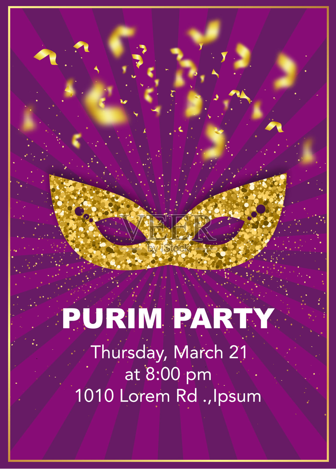 普林节快乐，犹太庆祝派对邀请。狂欢面具由金色的闪光，飞舞的五彩纸屑和文字在星爆紫色的背景。设计模板素材