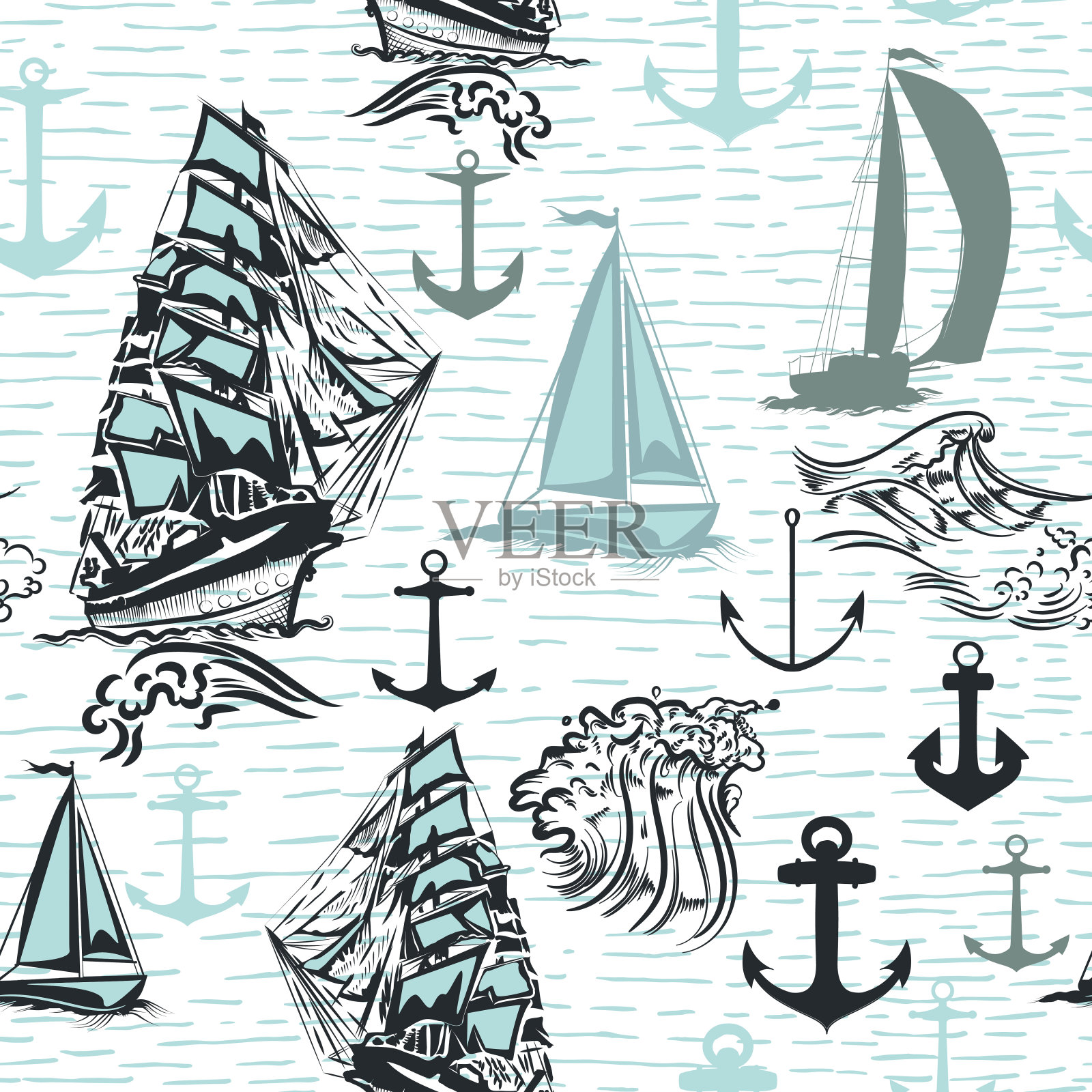简单的夏季壁纸图案与船的设计插画图片素材