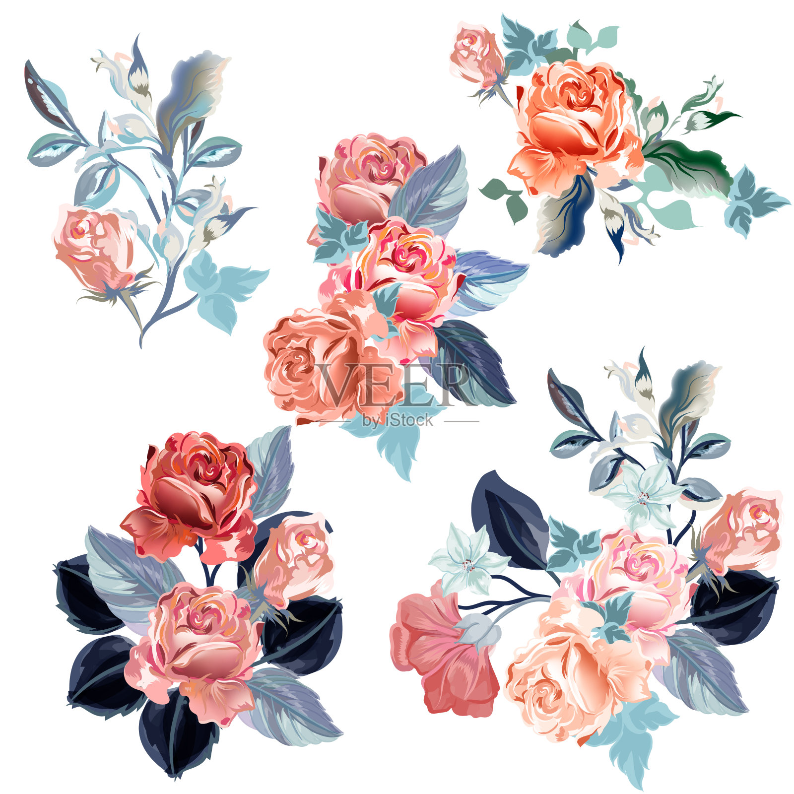 一套矢量水彩玫瑰设计插画图片素材