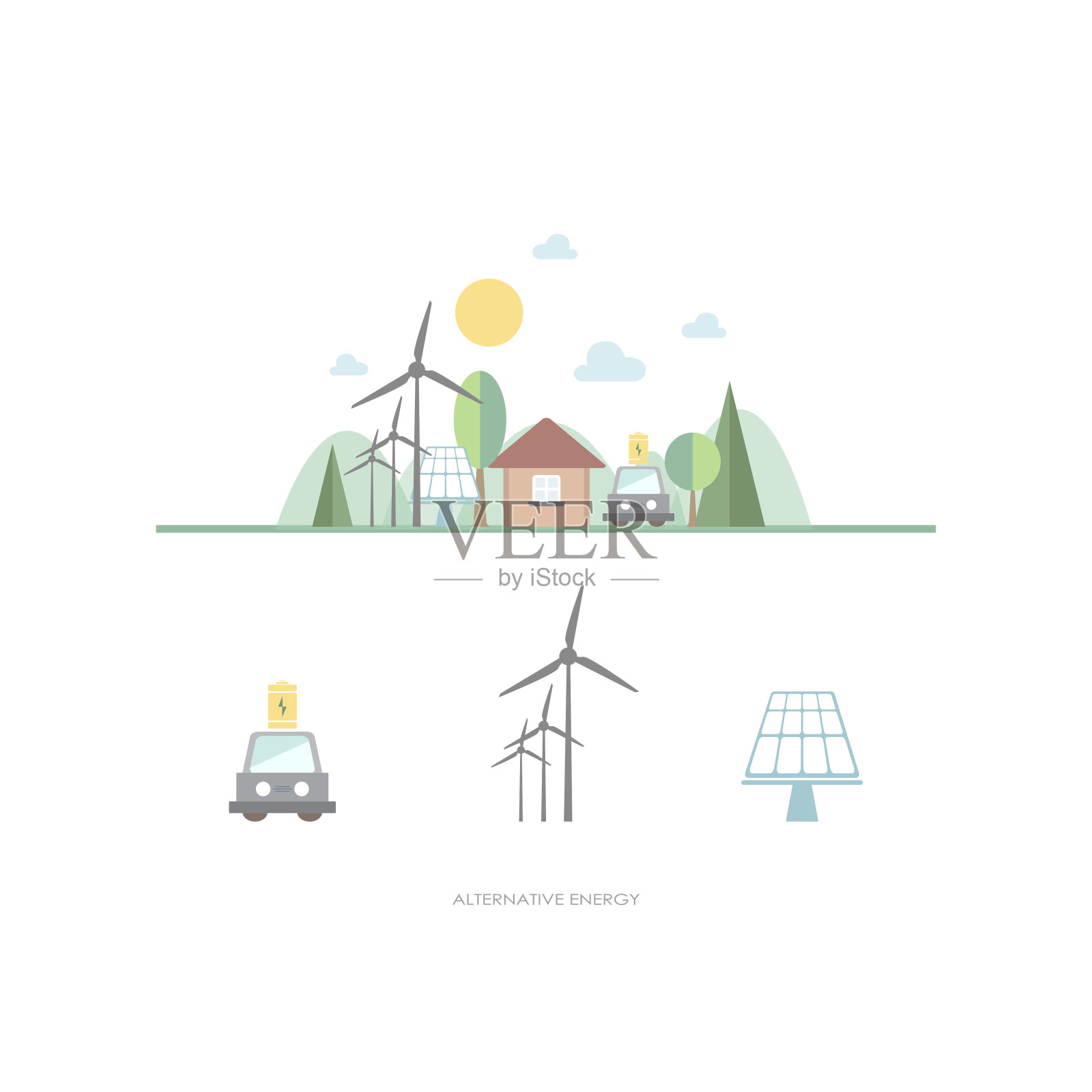 绿色能源环保住宅替代智能家居概念风力涡轮机太阳能电池板设计元素图片
