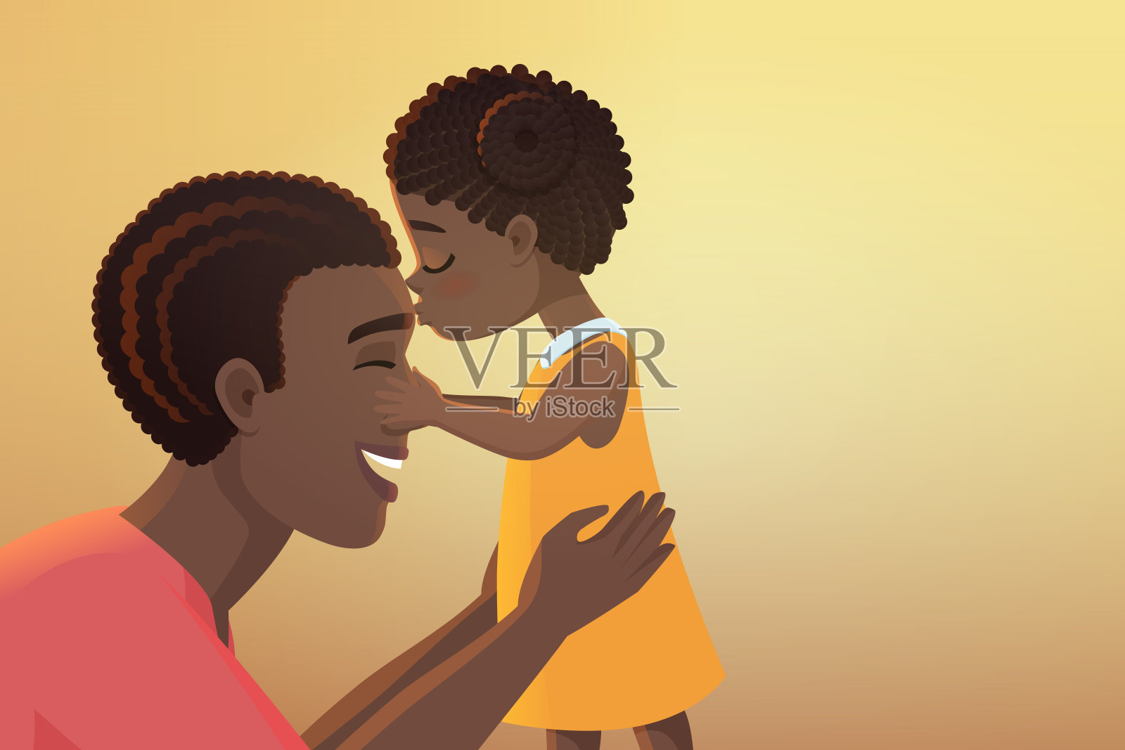 可爱的小黑人非洲裔美国女儿女孩孩子亲吻她快乐的父亲爸爸卡通矢量插图。插画图片素材