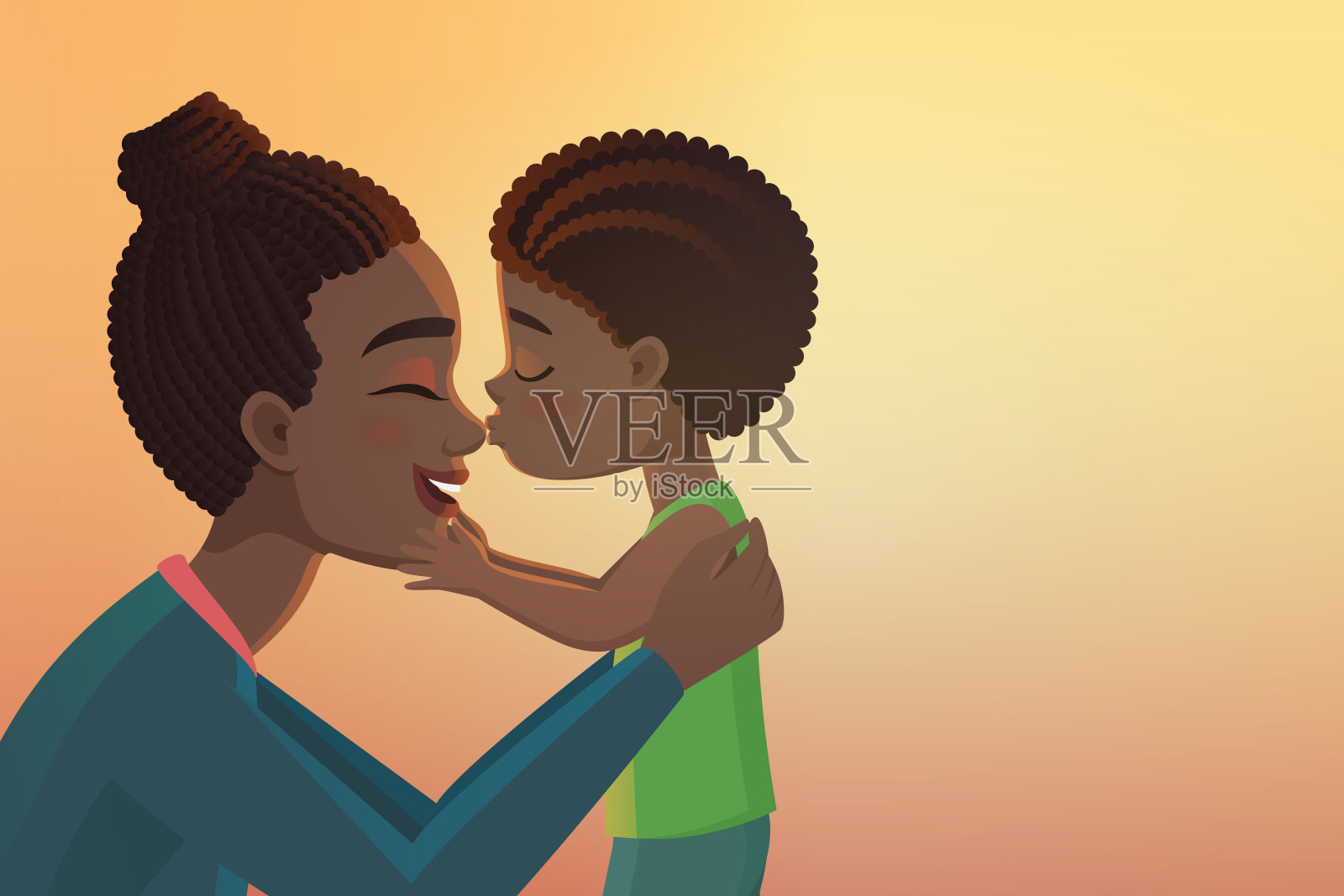 可爱的小黑人非洲裔美国男孩男孩亲吻他的快乐母亲卡通矢量插图。插画图片素材