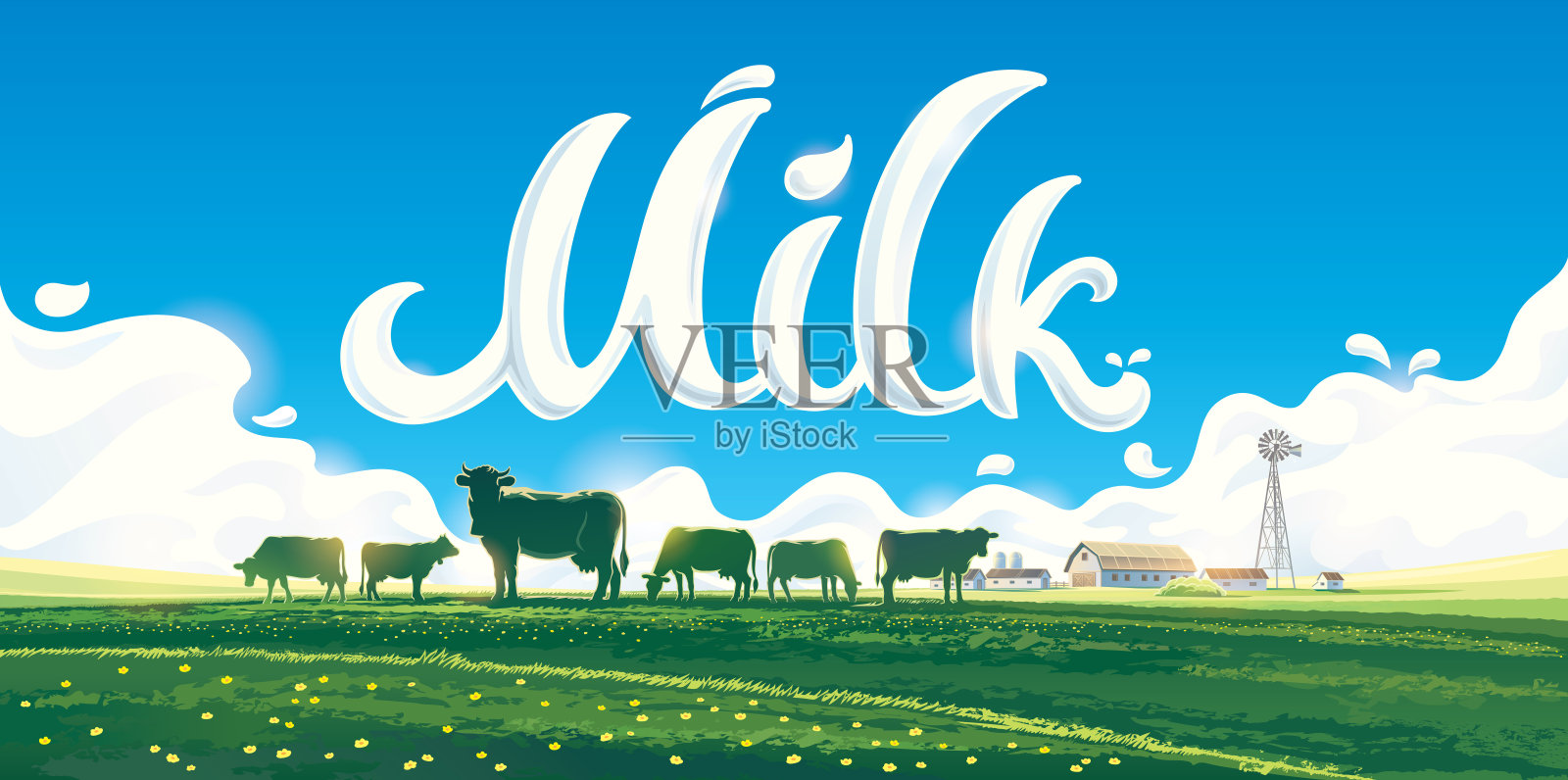 有奶牛和牛奶喷溅碑文的景观插画图片素材
