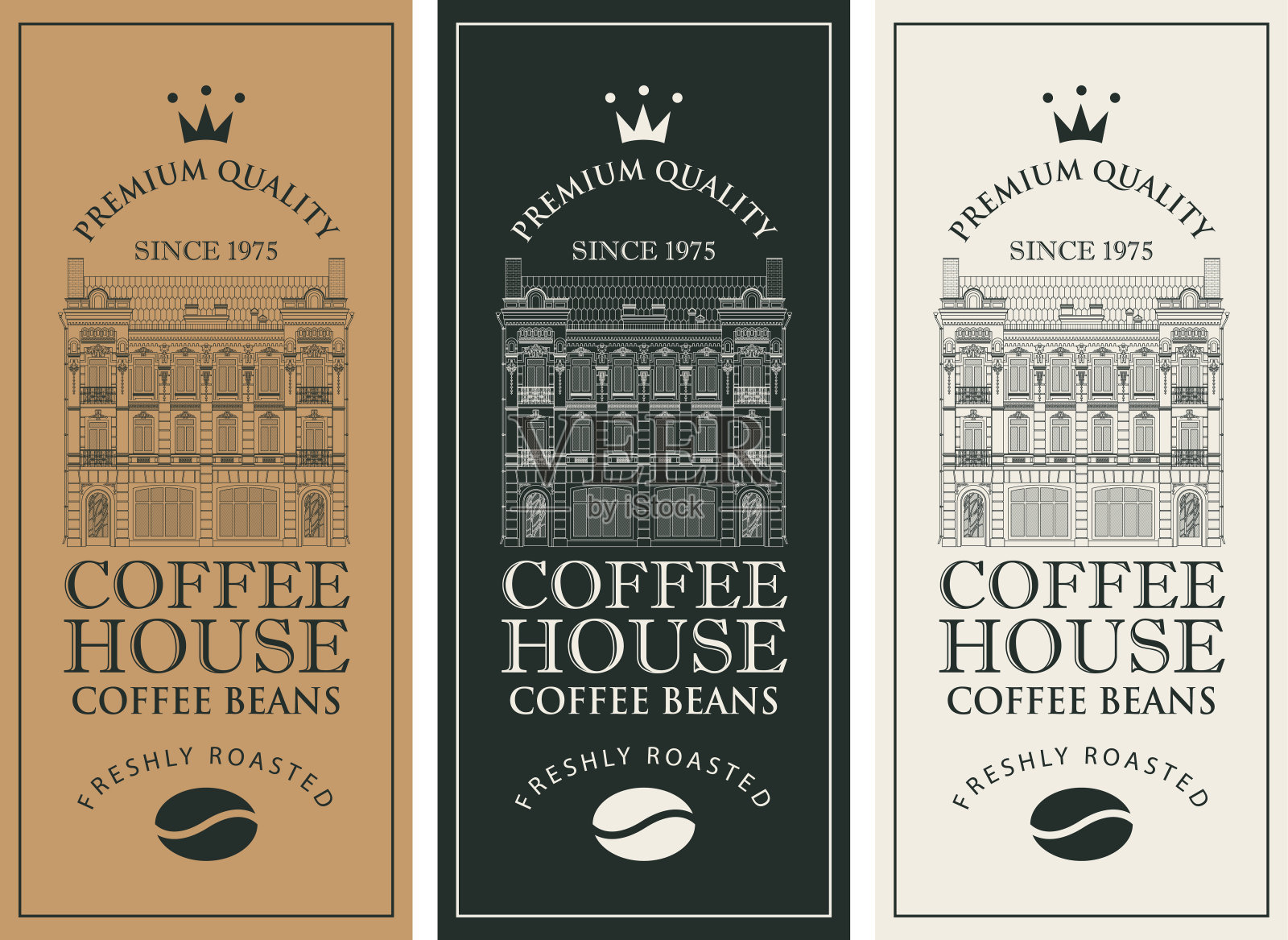 咖啡标签上有老建筑和咖啡豆插画图片素材