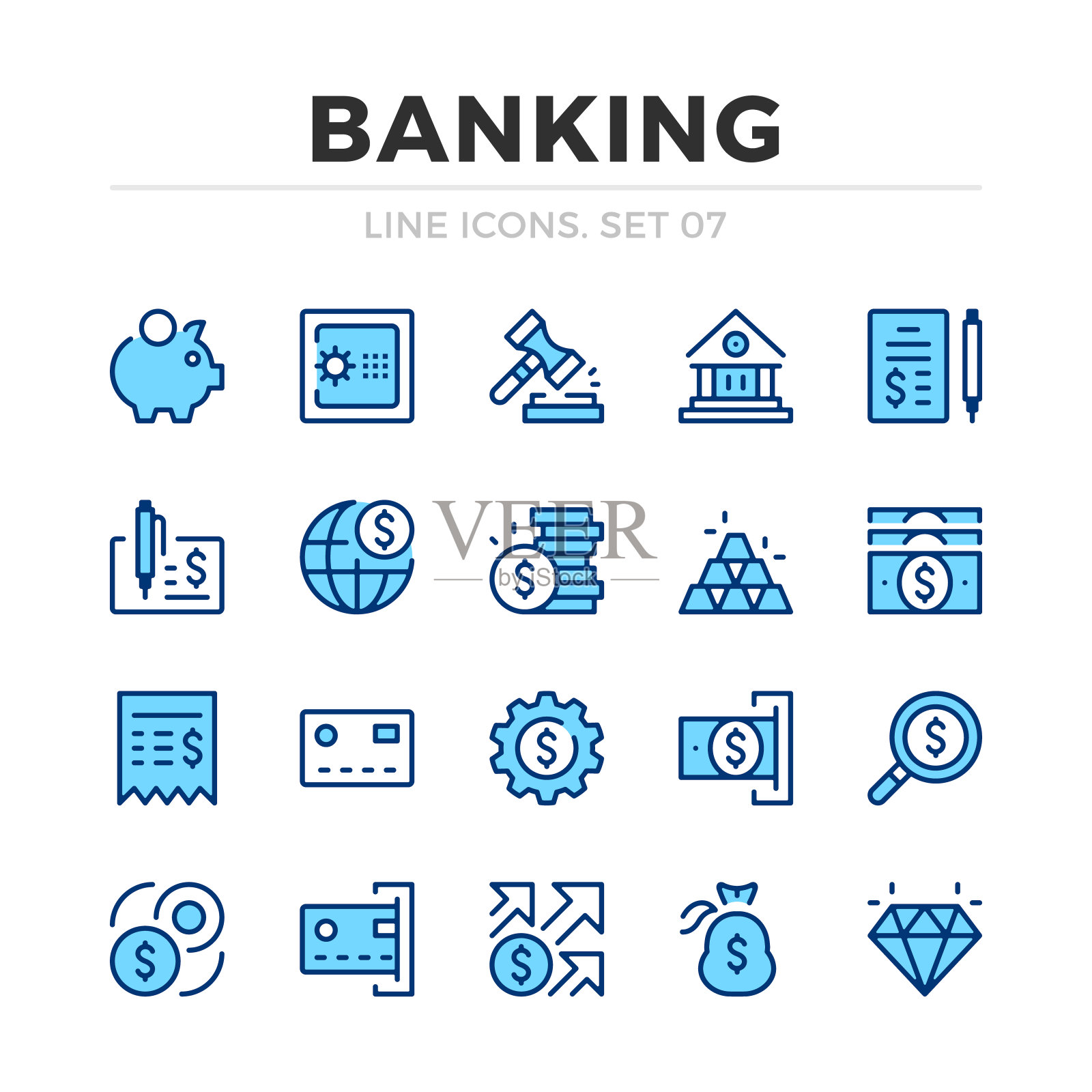 银行向量线图标集。细线的设计。现代轮廓图形元素，简单笔画符号。银行图标图标素材