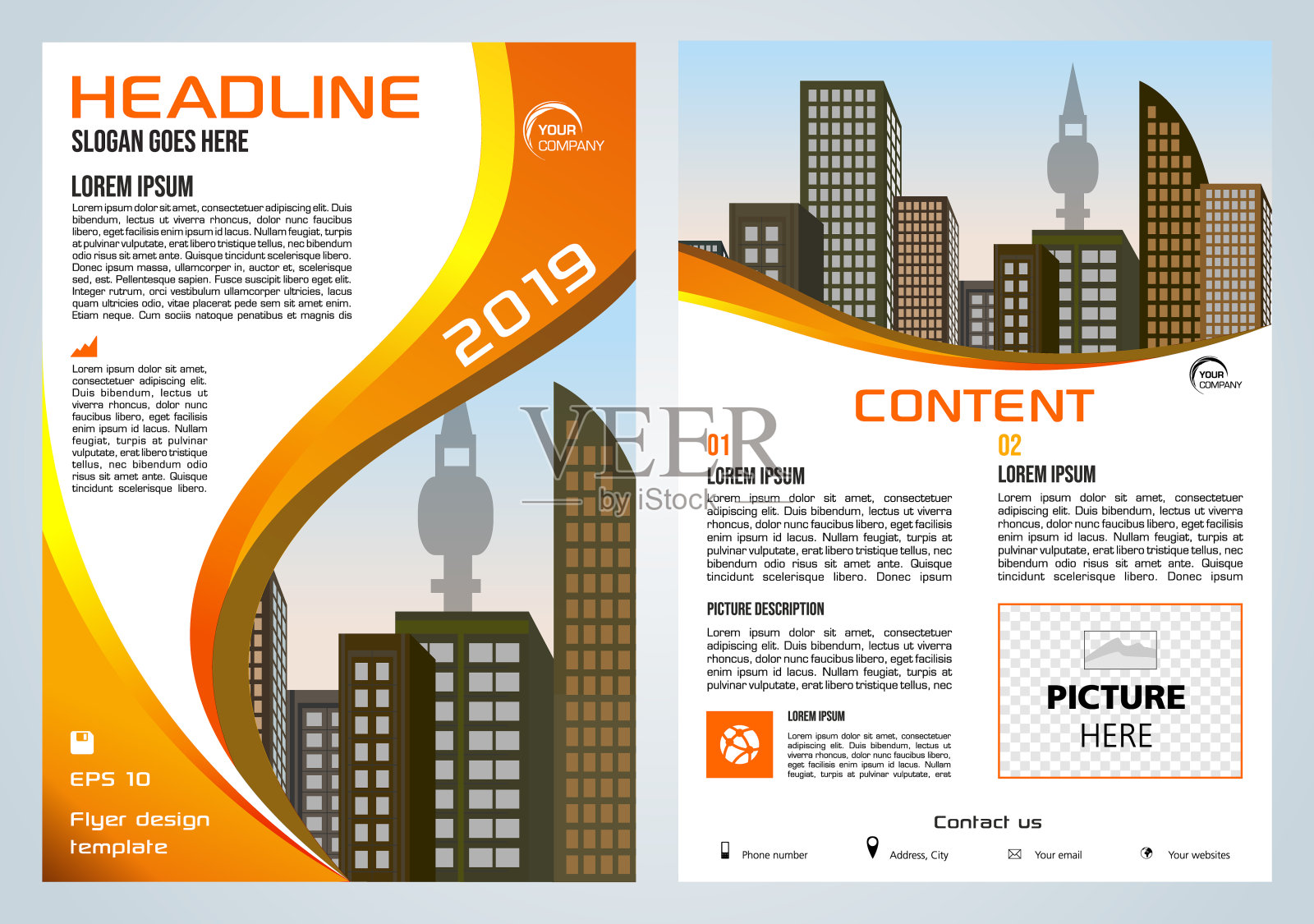 矢量传单，公司业务，年度报告，宣传册设计和封面展示橙色波浪和矢量城市设计模板素材