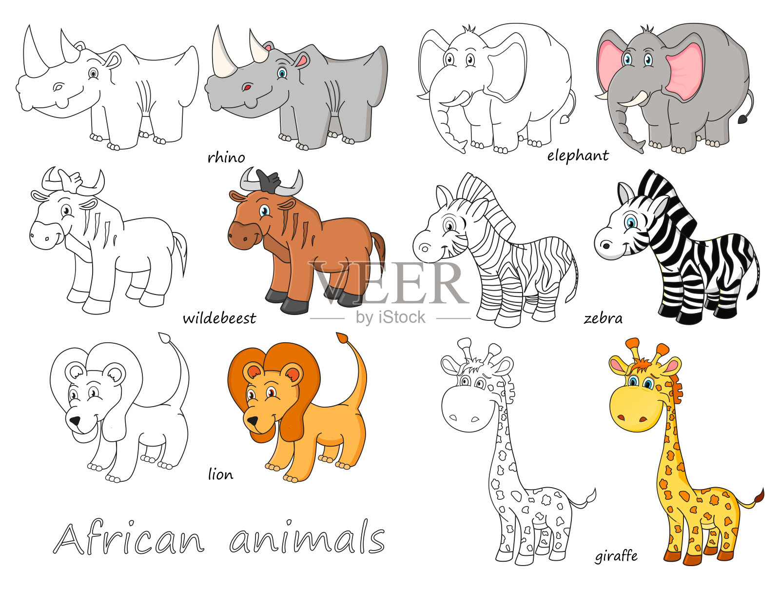 卡通非洲动物的轮廓和彩色插图插画图片素材