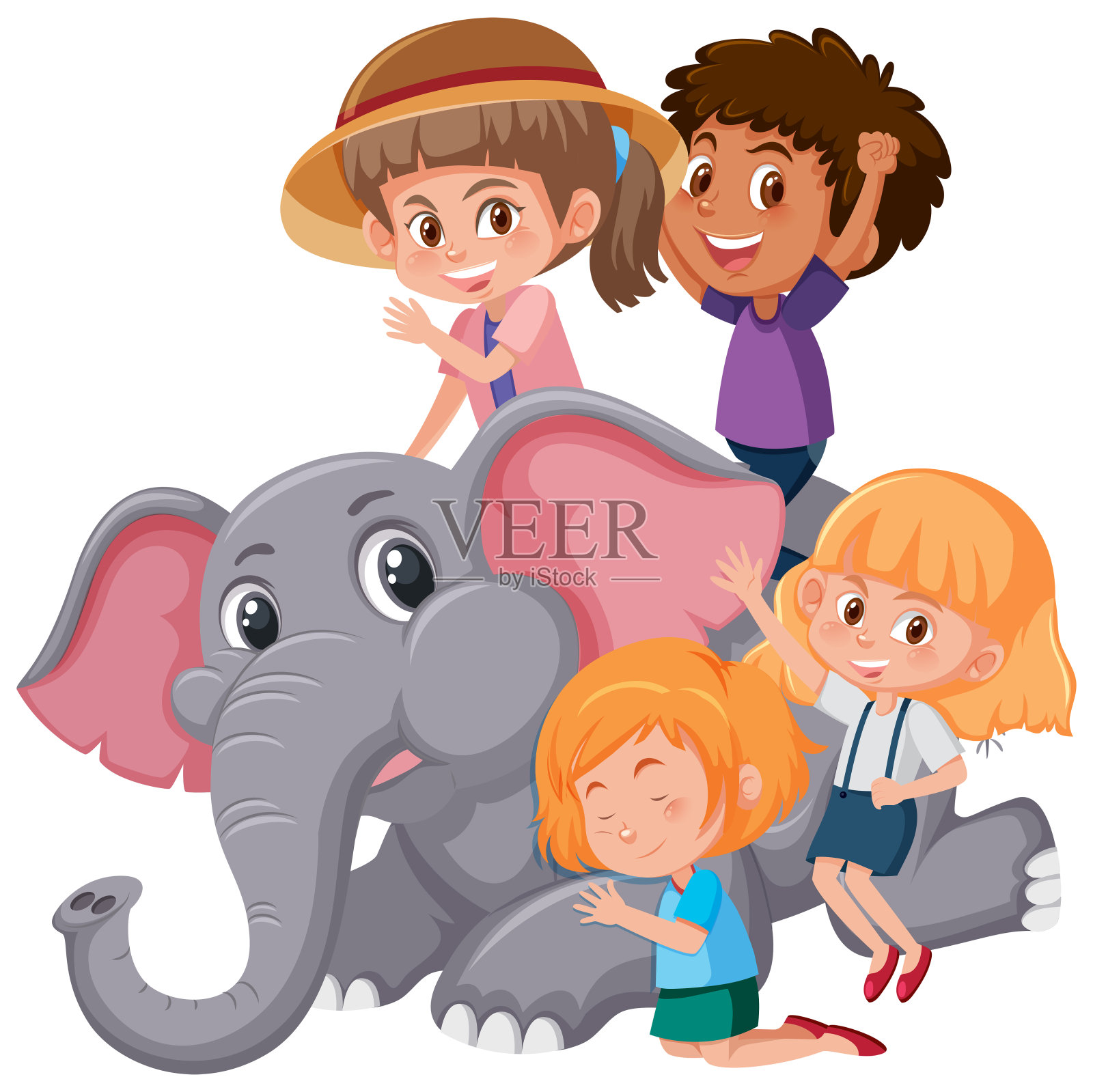 一群孩子在和大象玩插画图片素材