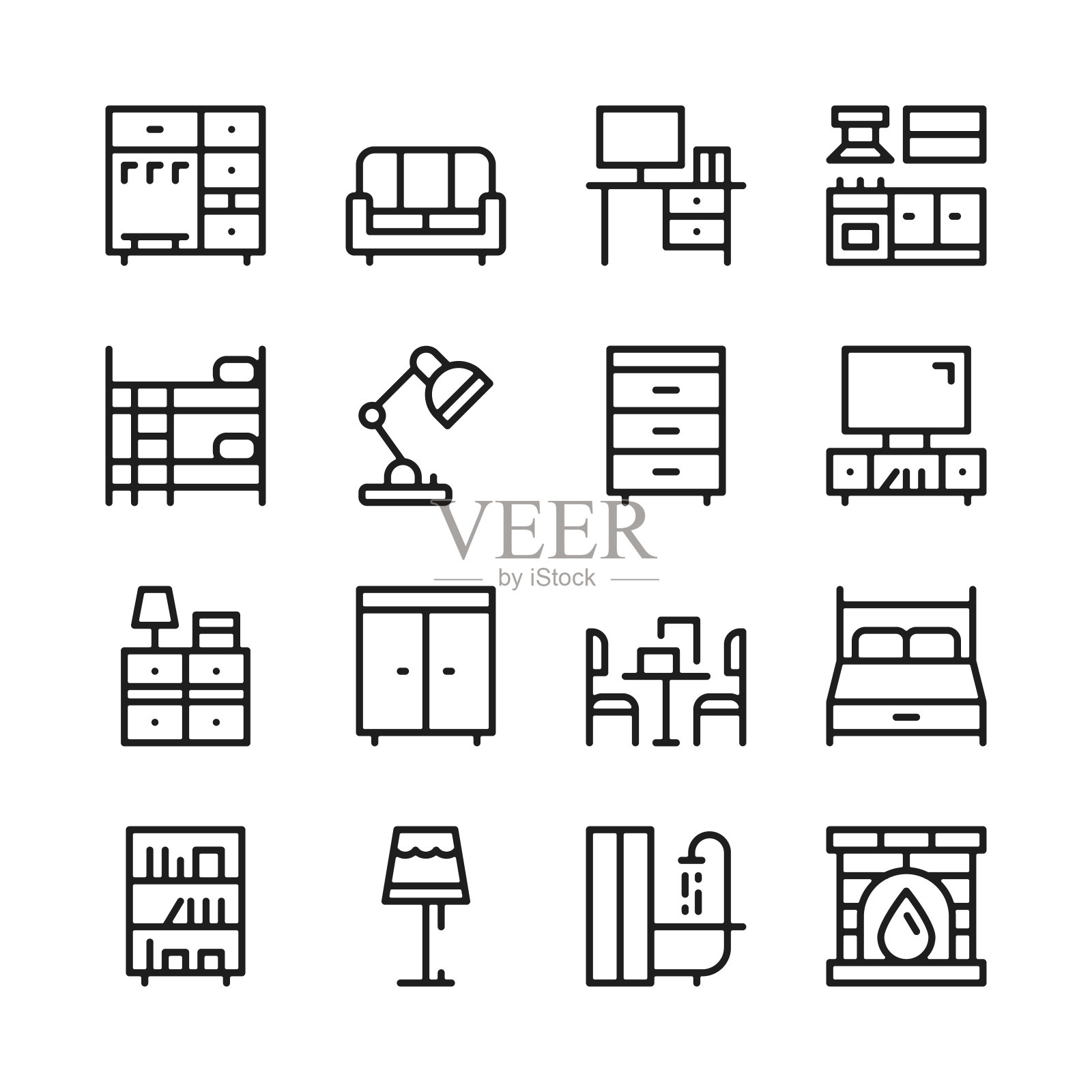 家具线条图标集。现代平面设计理念，简洁的轮廓元素集合。矢量线的图标图标素材