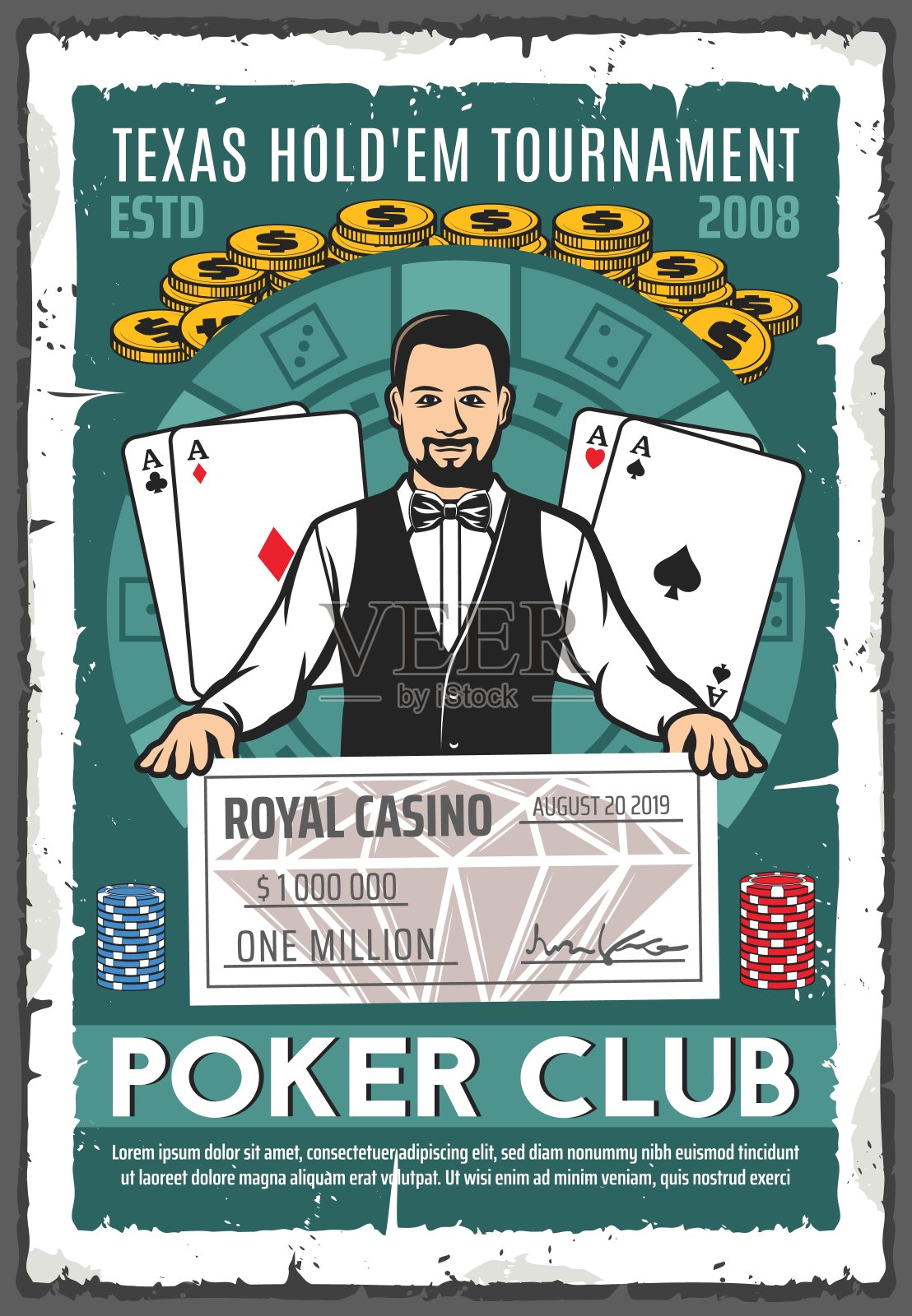 扑克俱乐部复古海报的赌场和赢支票插画图片素材
