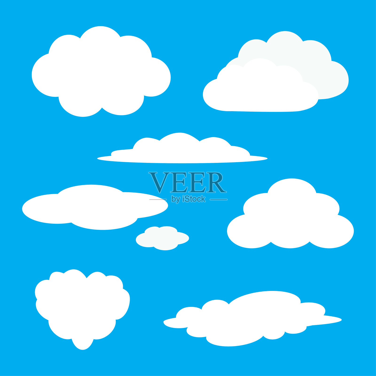 白云图标集。蓬松的云彩。可爱的卡通云景。多云天气标志符号。平面设计网页，app装饰元素。蓝色的天空背景。孤立。插画图片素材