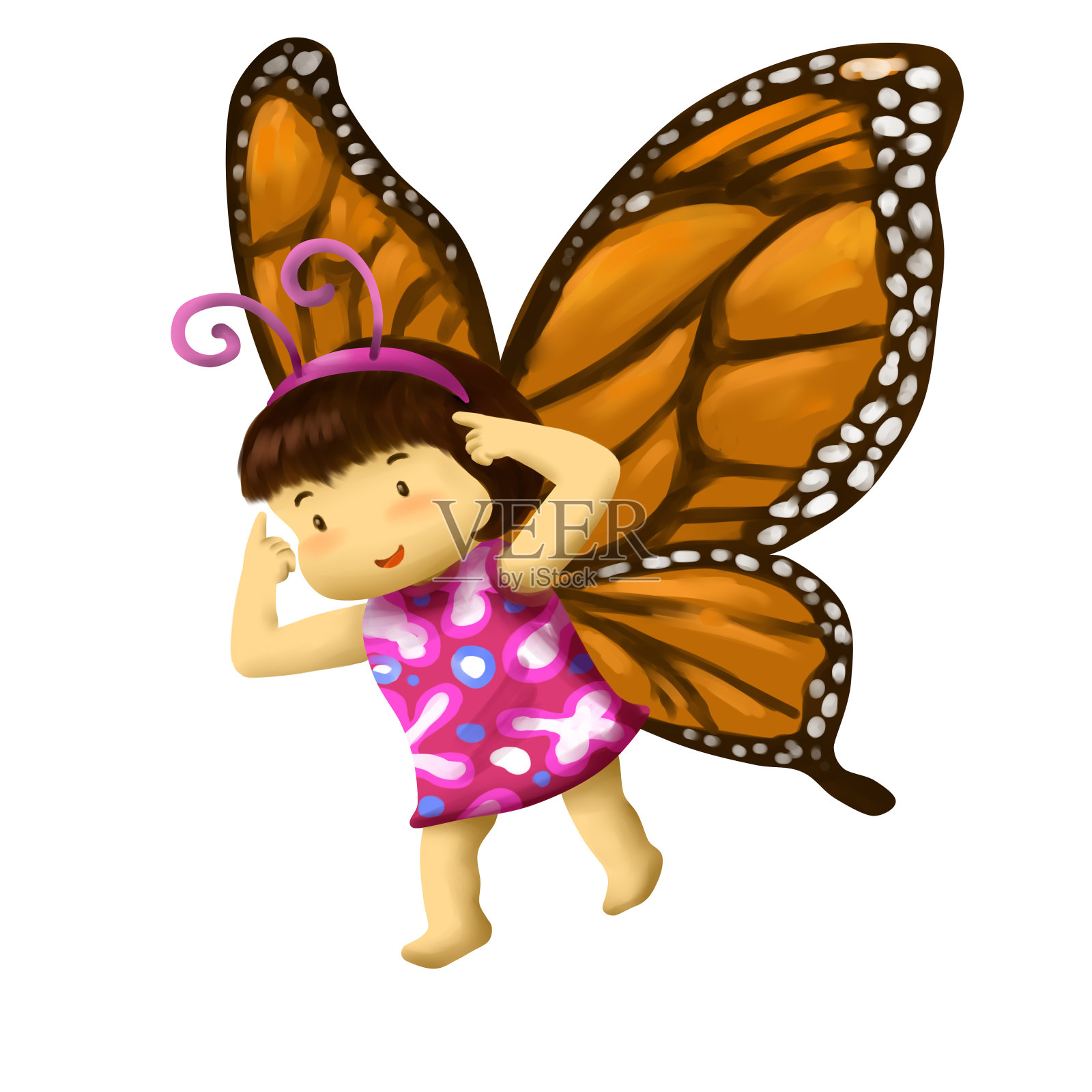 小孩穿着蝴蝶装插画图片素材